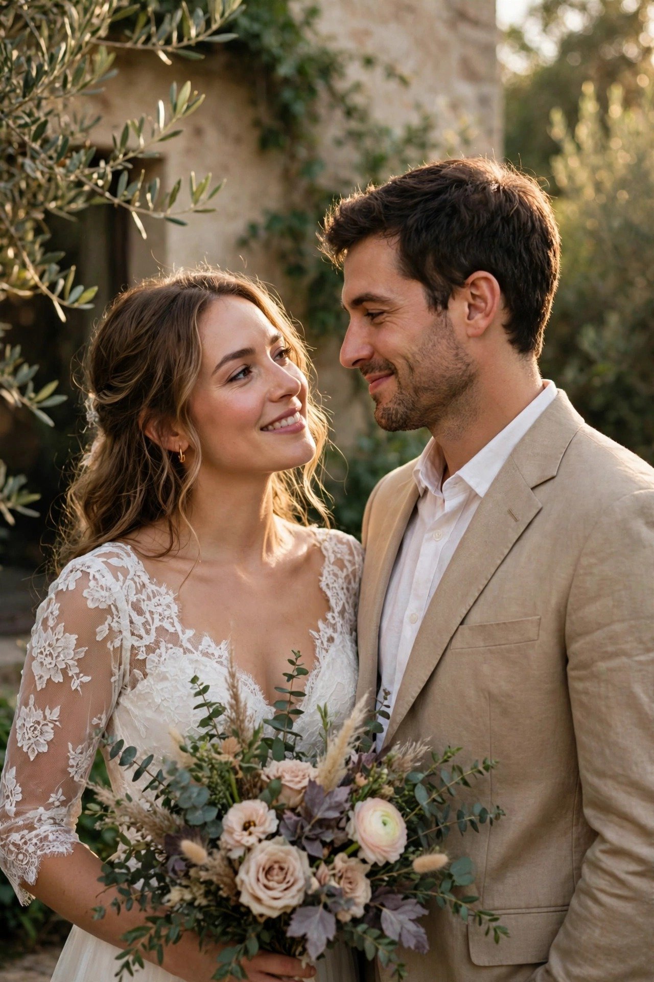 Couple posing for portraits in beautiful light before the ceremony