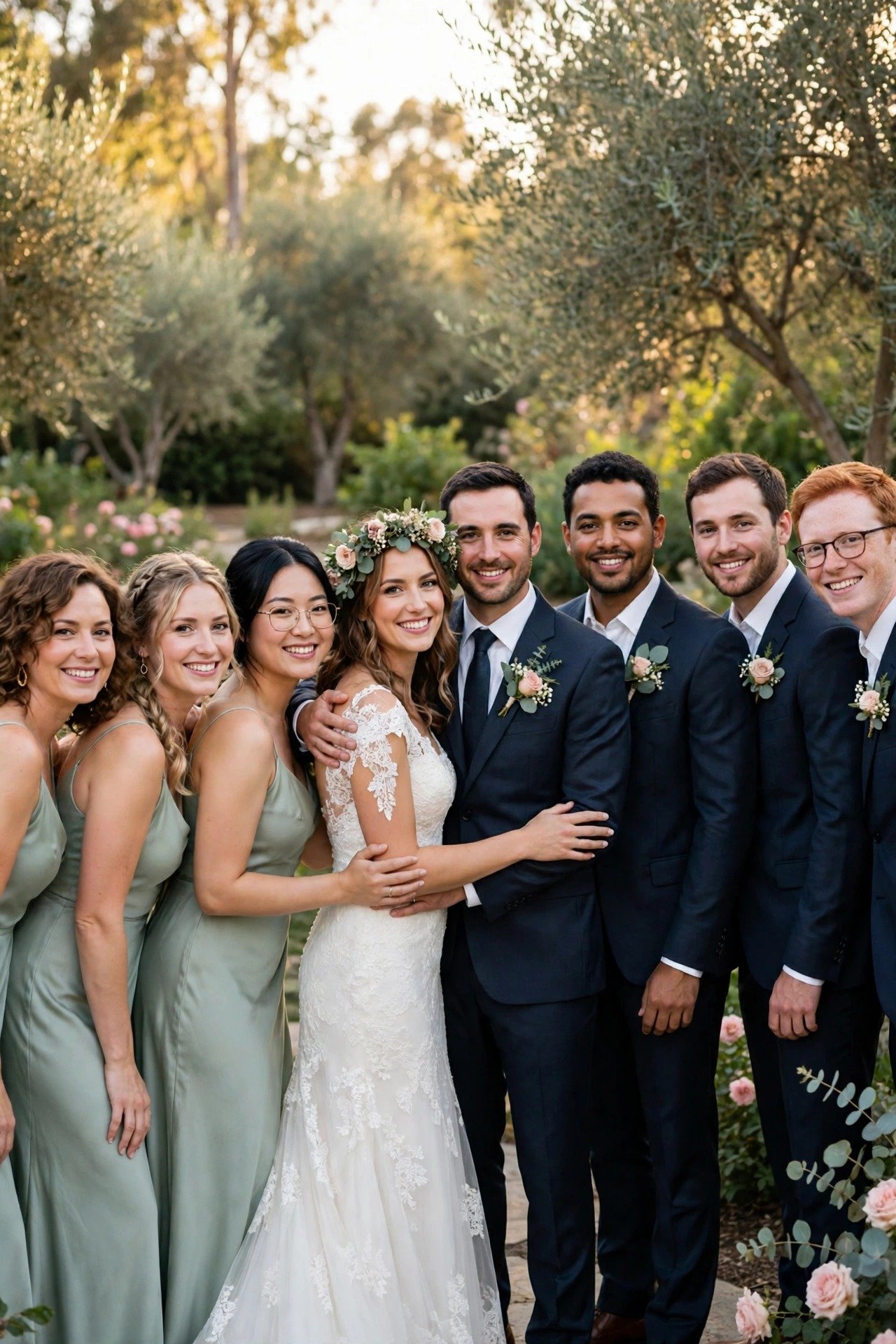 Full wedding party posing together outdoors
