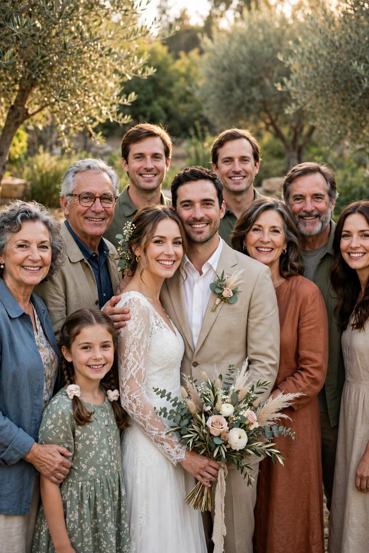 Couple posing with extended family for group portraits