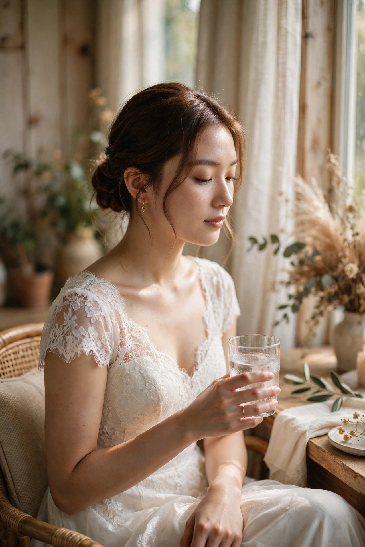 Bride sitting calmly with a glass of water during a quiet moment