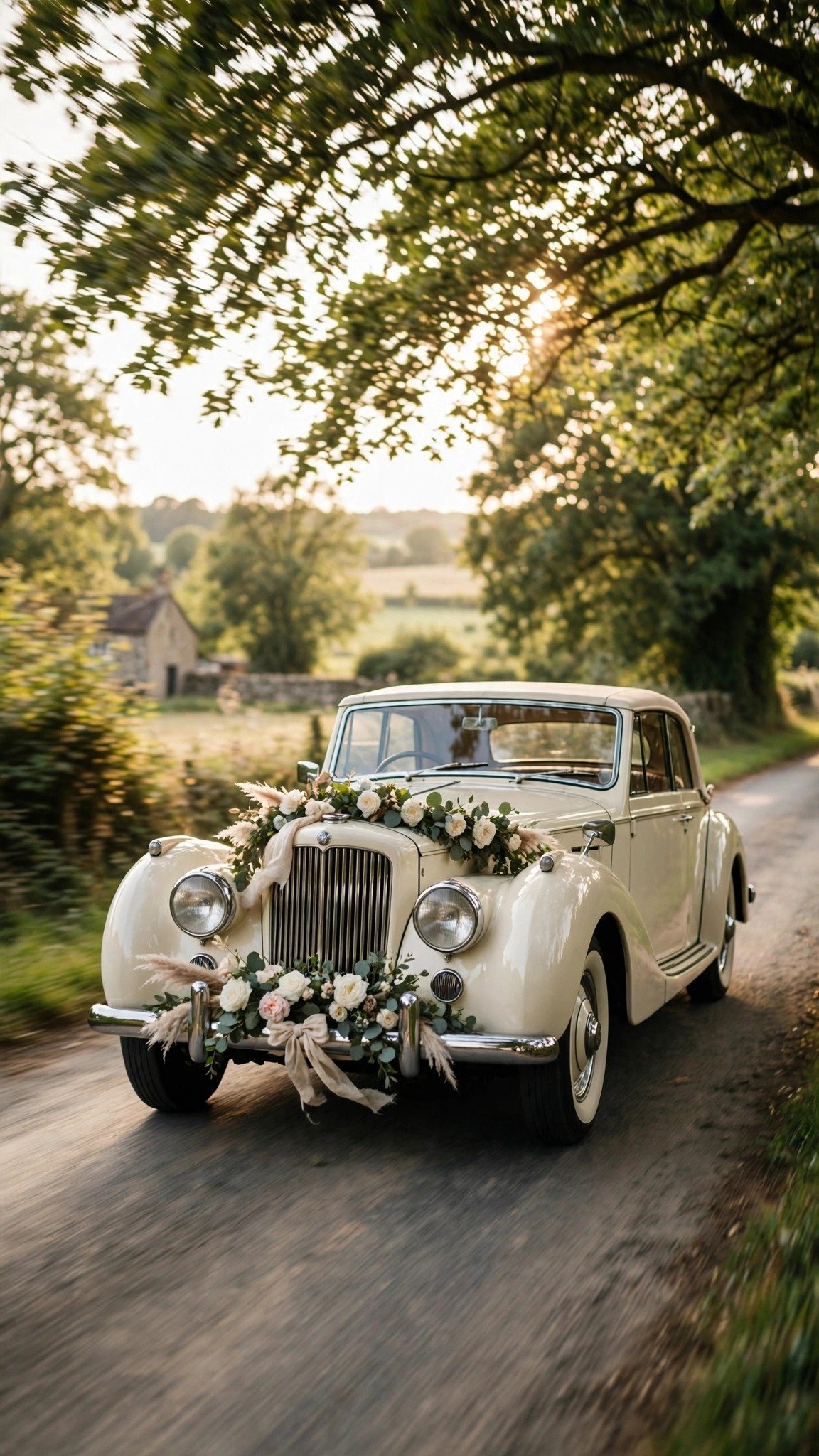 Wedding car driving between the getting-ready location and the ceremony venue