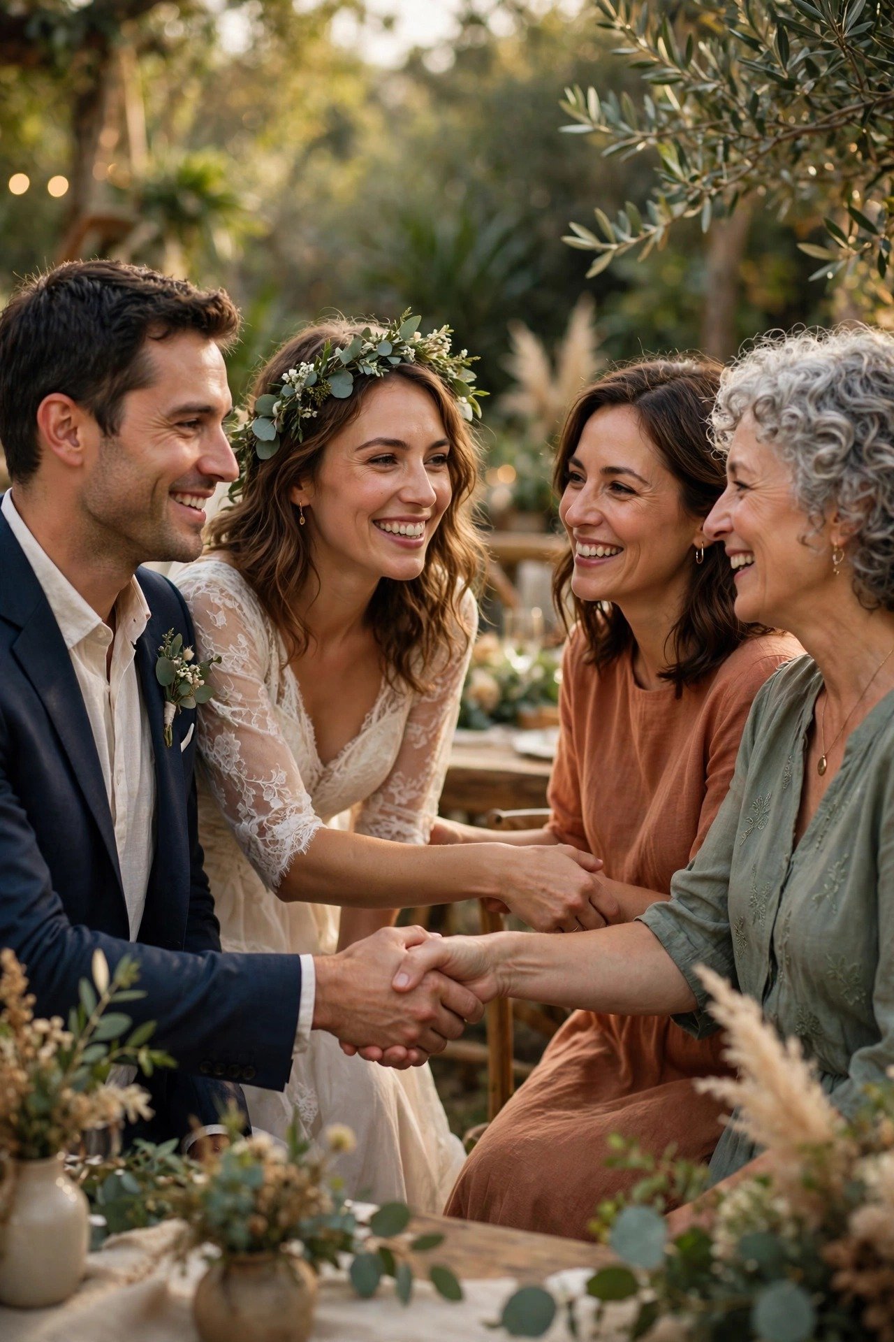 Couple greeting guests warmly during the reception
