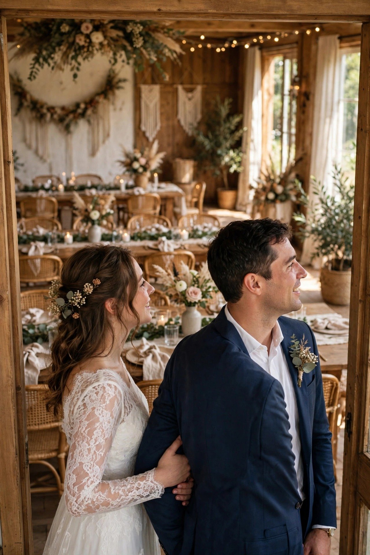 Couple seeing their decorated reception room privately before guests enter