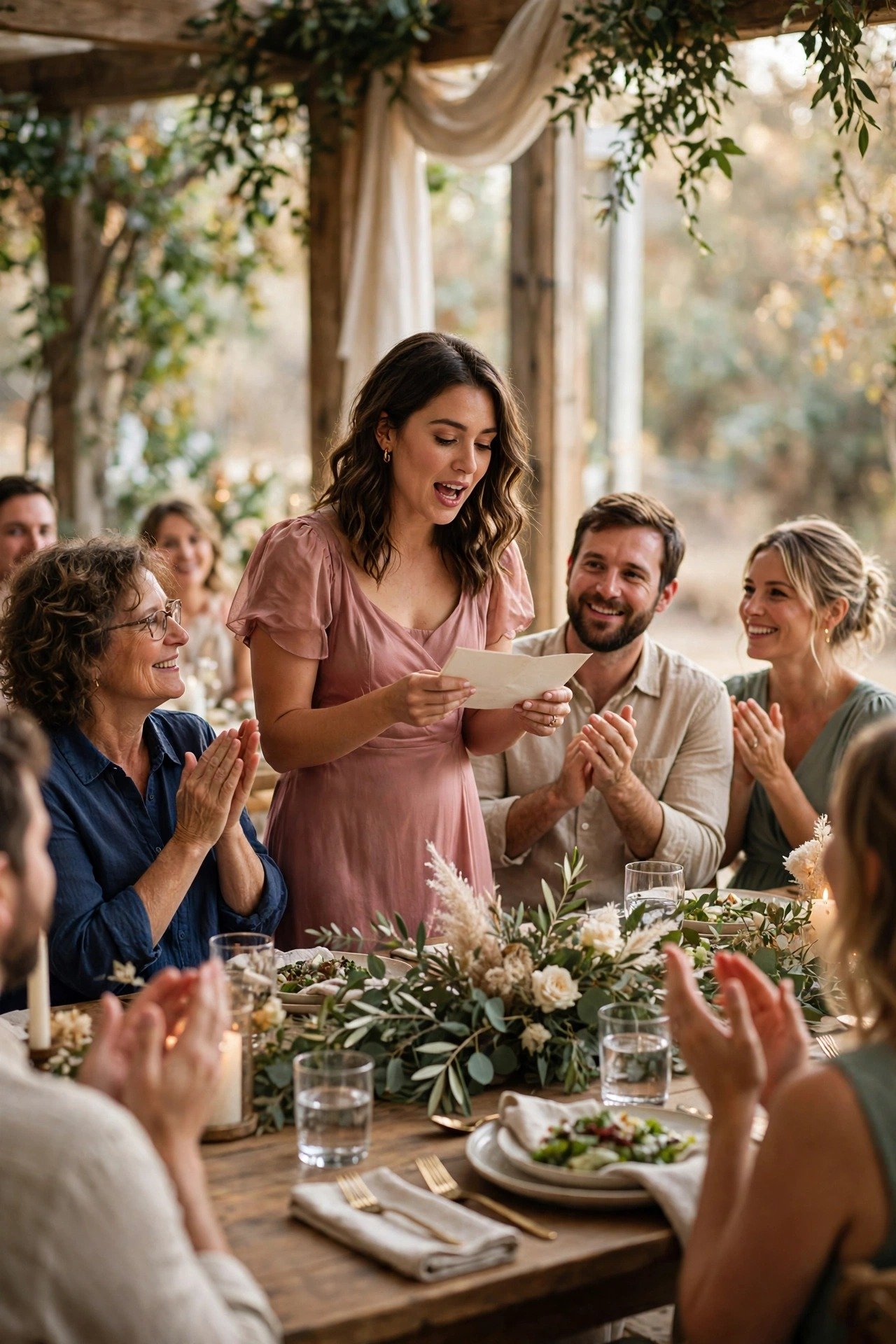 Maid of honor giving a toast during dinner