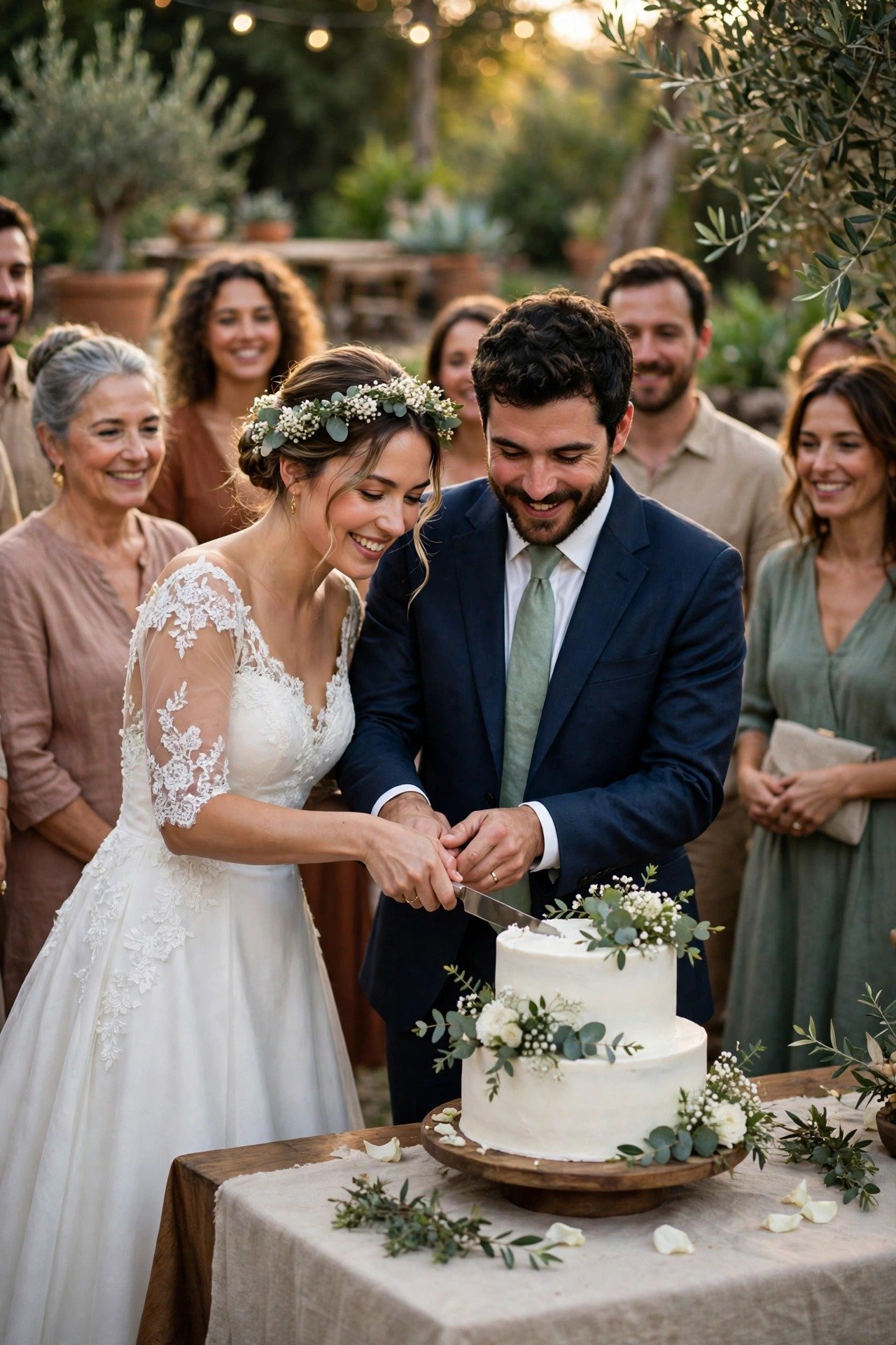 Couple cutting the wedding cake as guests gather around