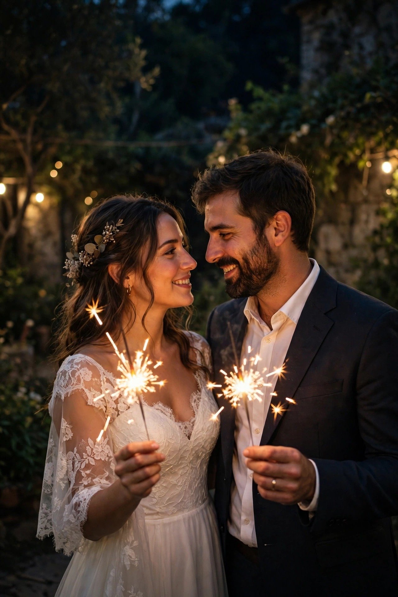 Couple taking dramatic night portraits with sparklers