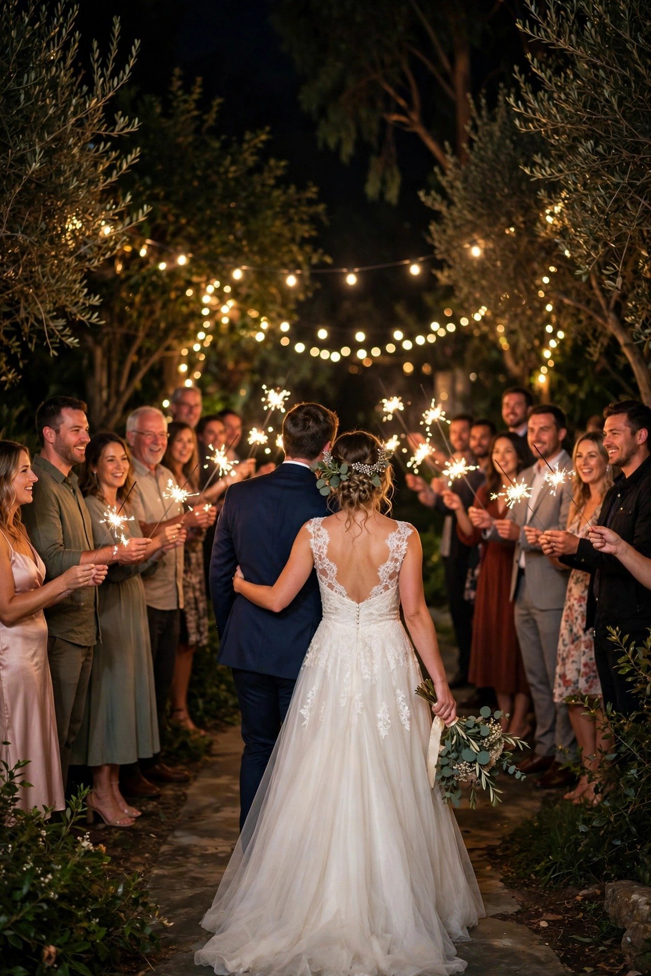 Guests forming a sparkler line for the couple's grand exit