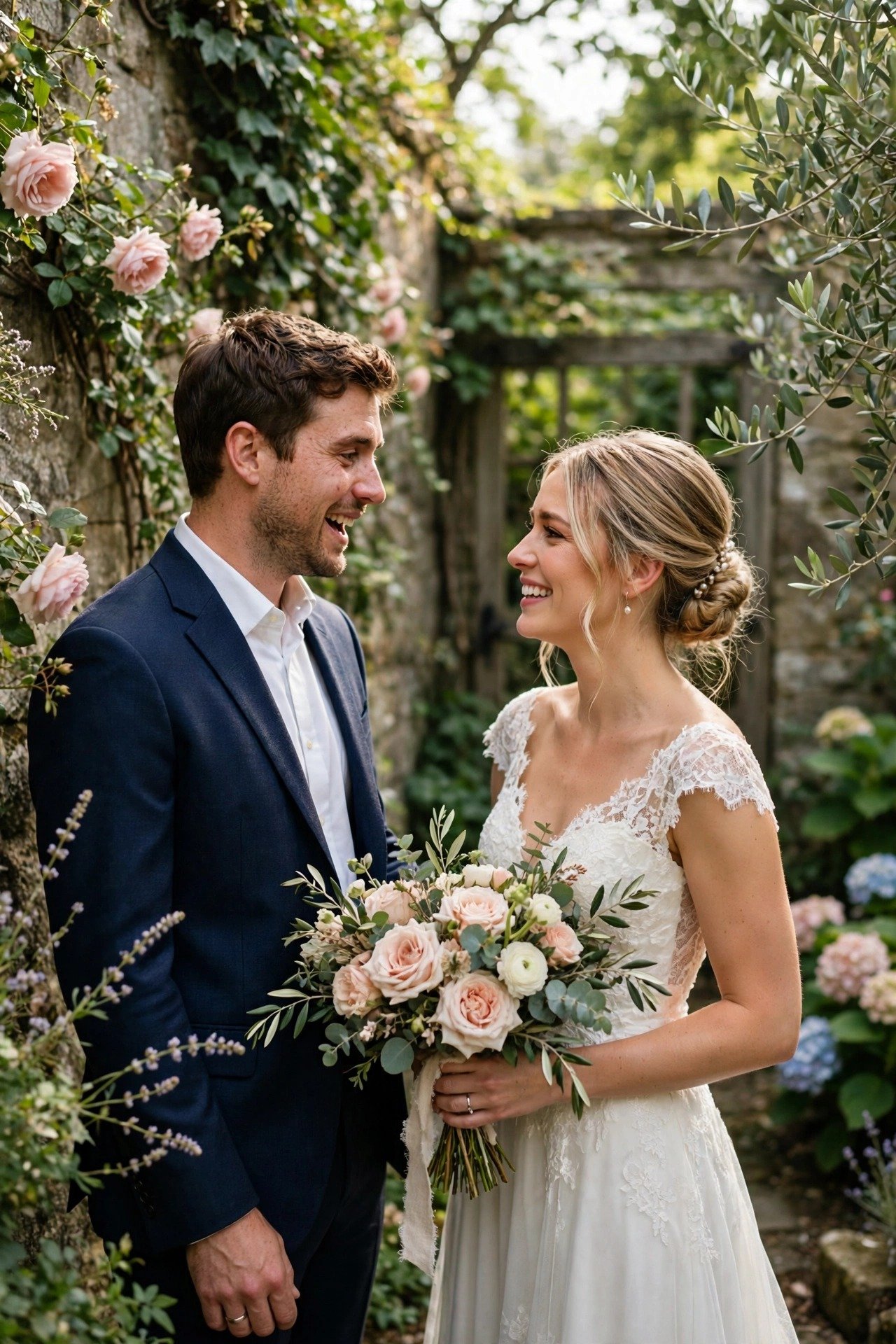 A couple sharing a first look in a quiet garden corner with soft late-morning light