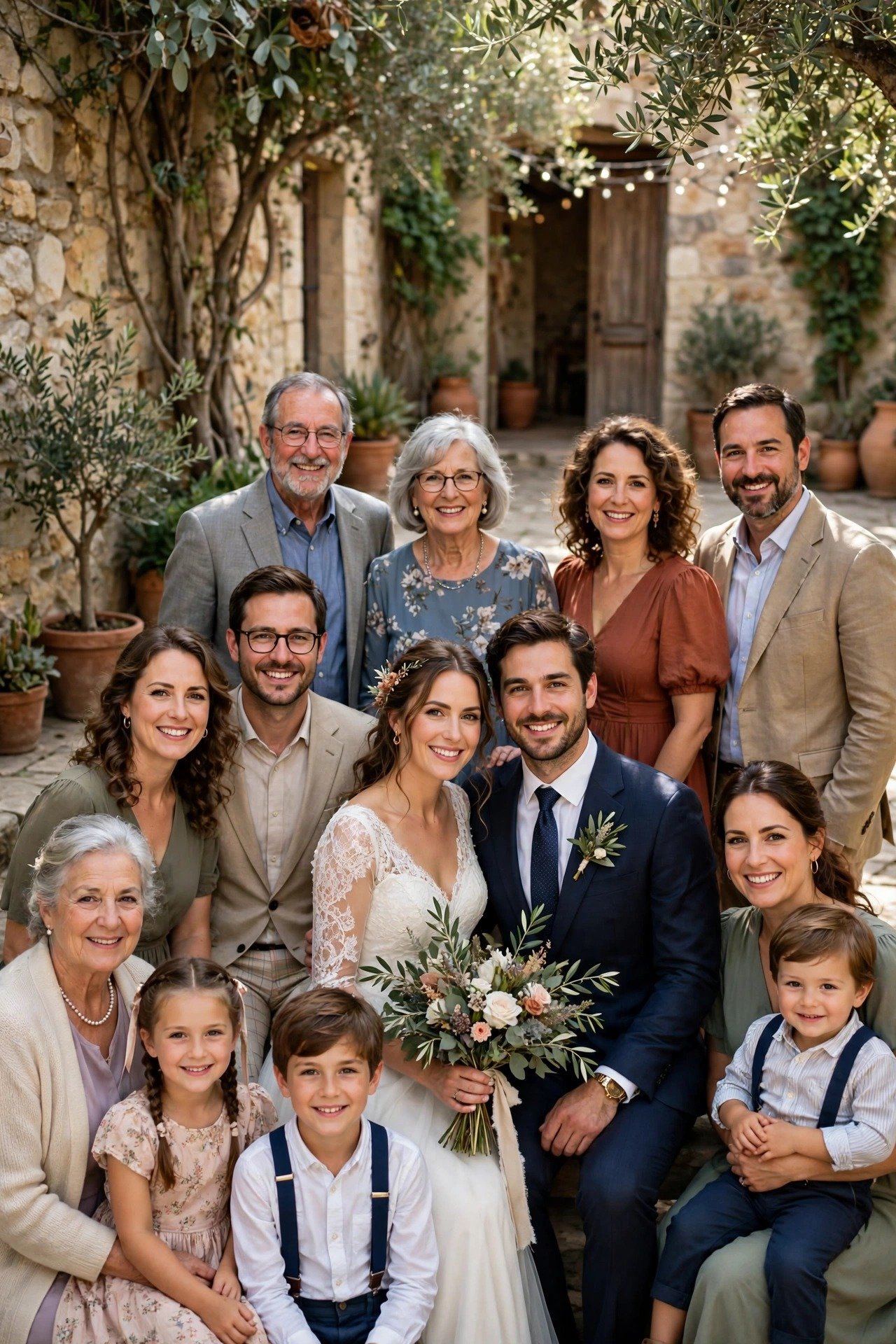 Extended family posing for formal portraits in a shaded courtyard before the ceremony