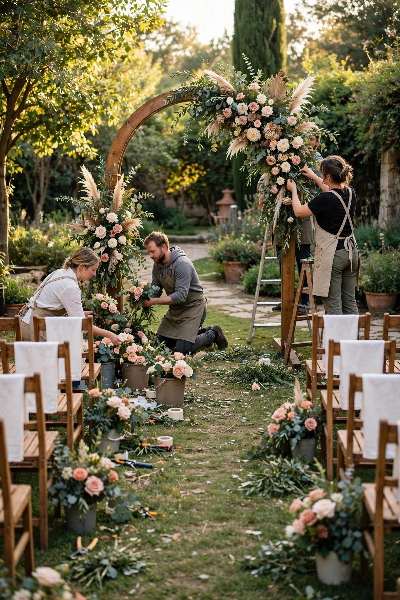 Ceremony chairs, an arch and aisle flowers being finished by a venue team in afternoon light