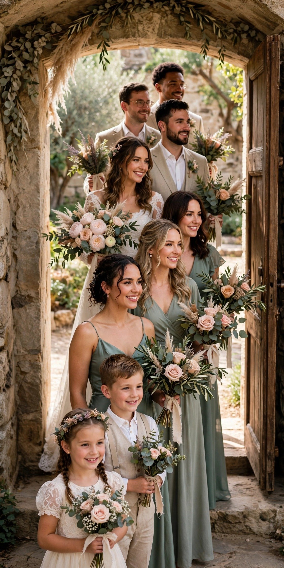 A wedding party lined up in processional order inside a doorway, bouquets in hand