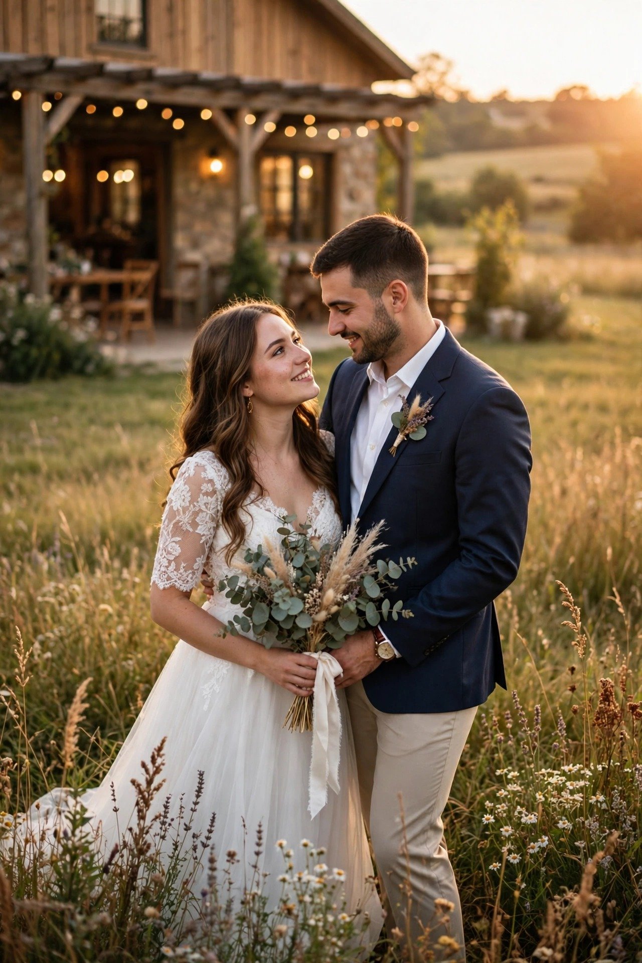 A couple photographed in warm golden-hour light in a field beside their venue