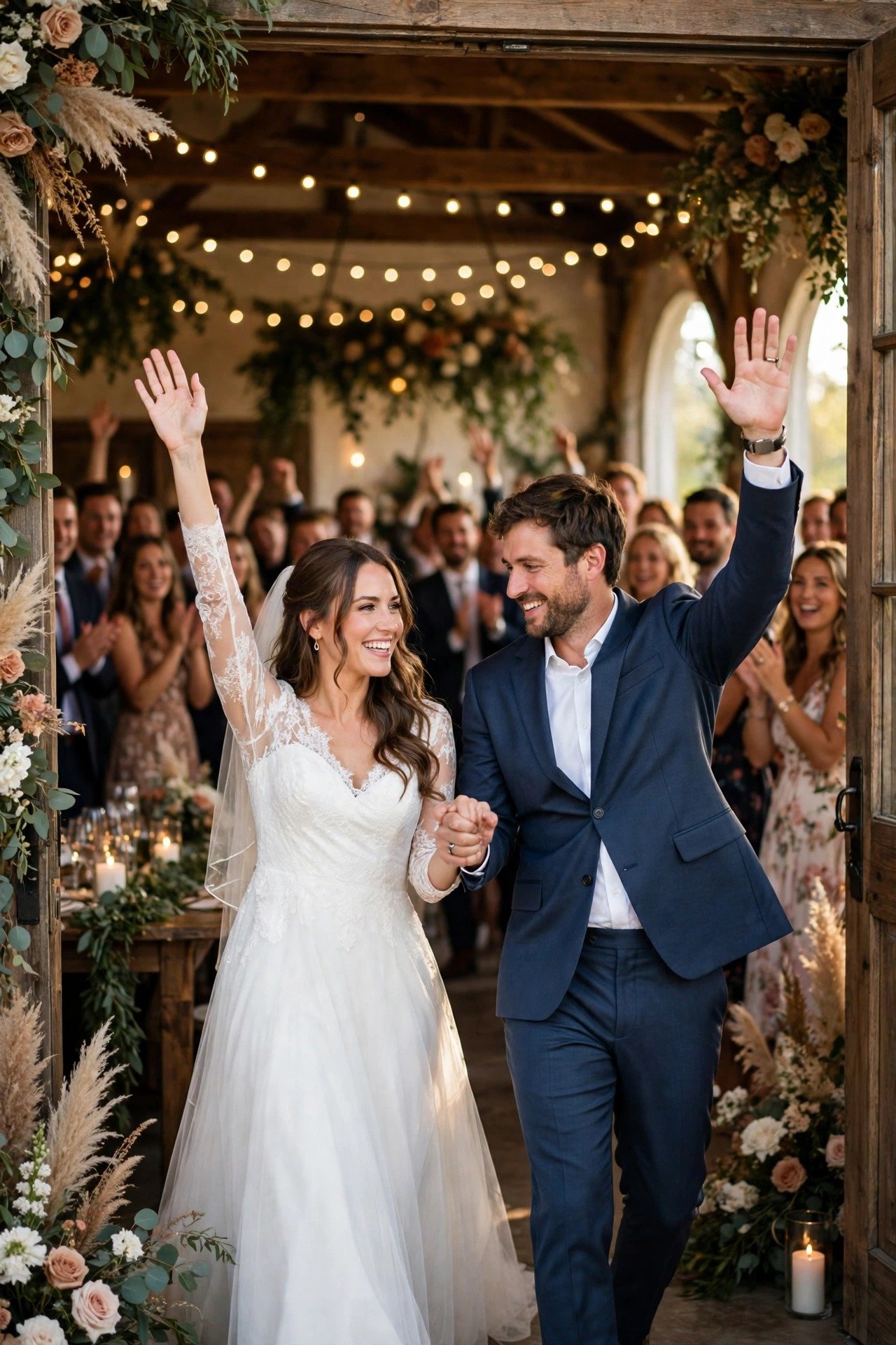 A couple making their grand entrance into a cheering reception room, hands raised