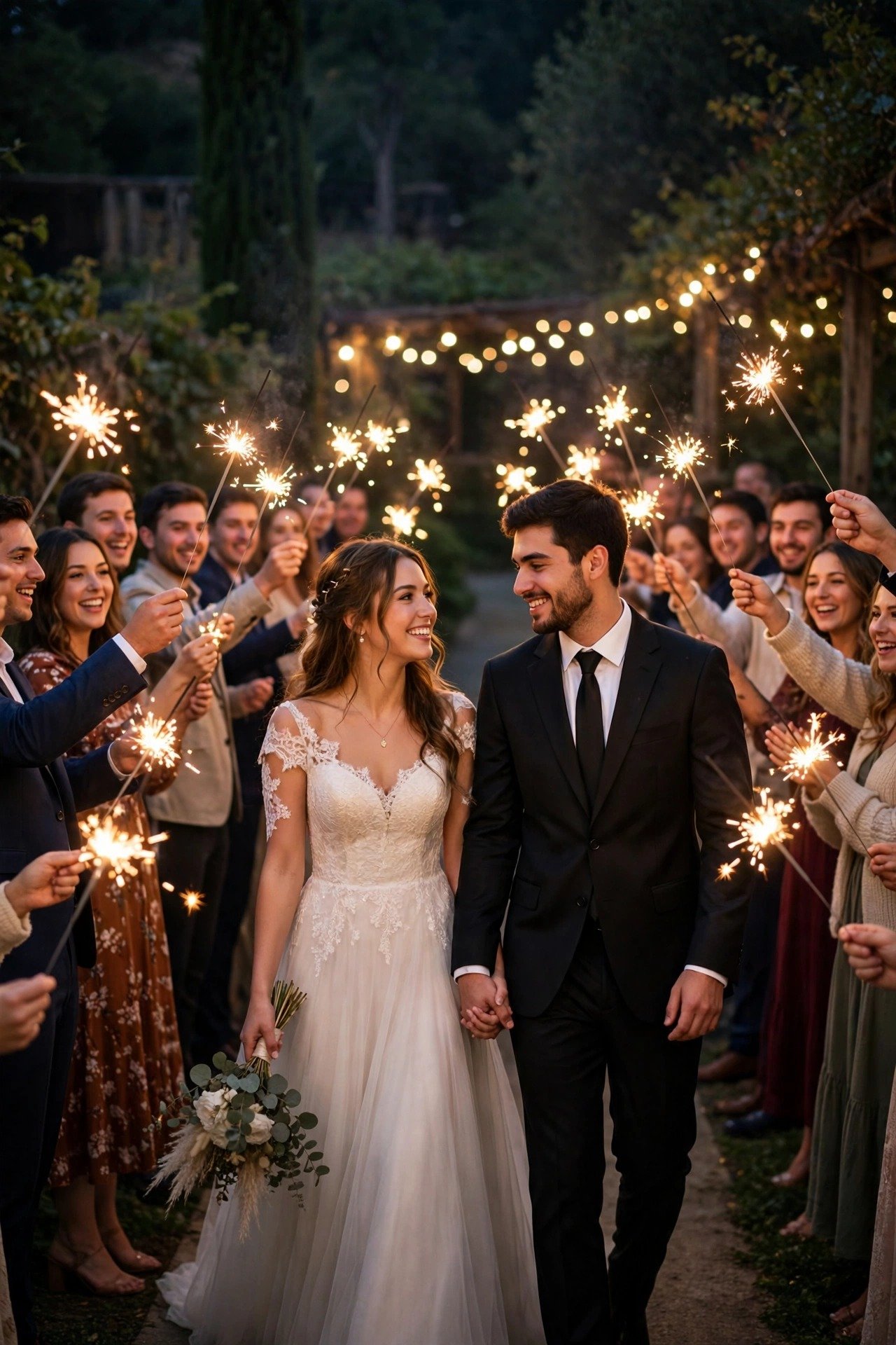 A couple walking through a tunnel of sparklers held by cheering guests at night