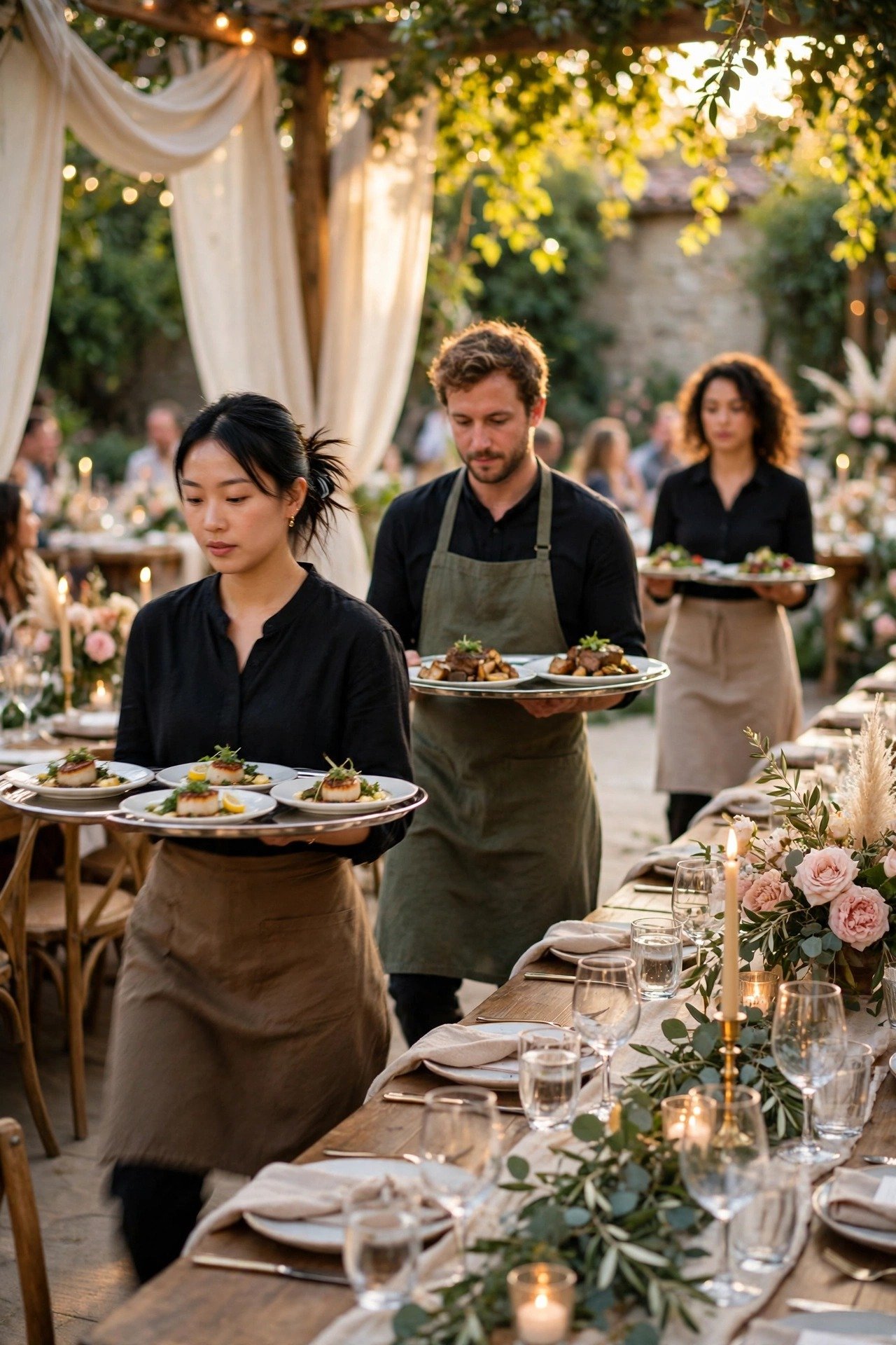 Servers bringing courses out in smooth succession at a wedding dinner