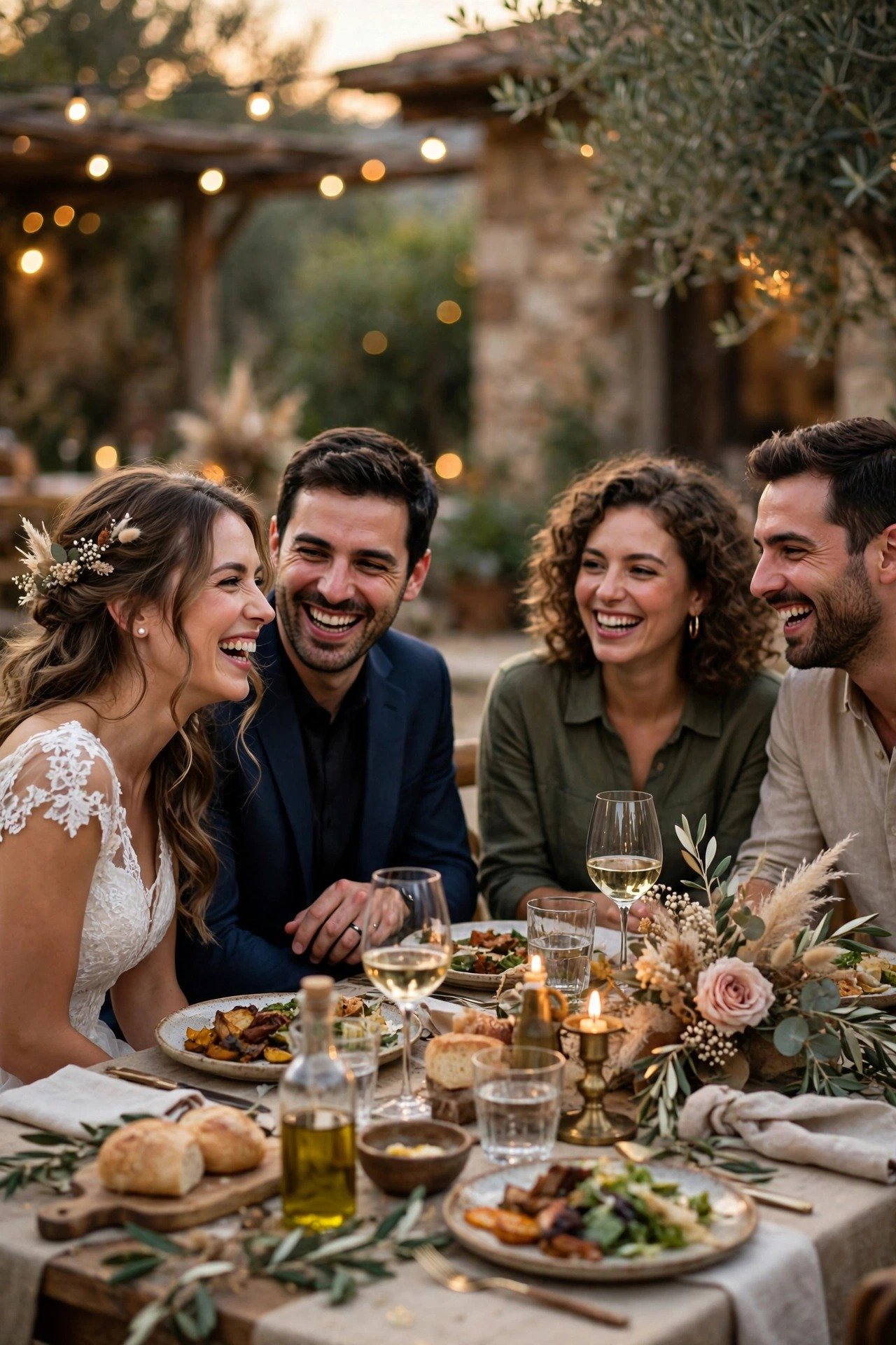 A couple laughing with guests at their table during dinner instead of a formal receiving line