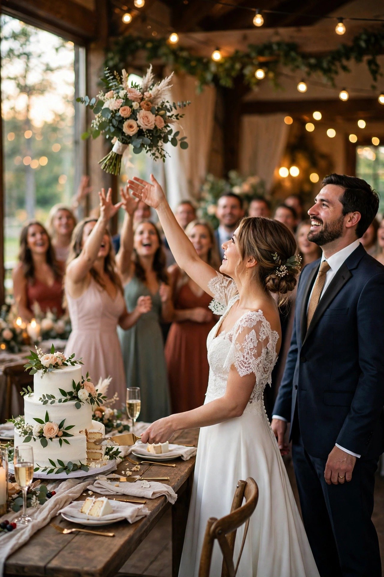A bouquet toss happening moments after a cake cutting under the same reception lights