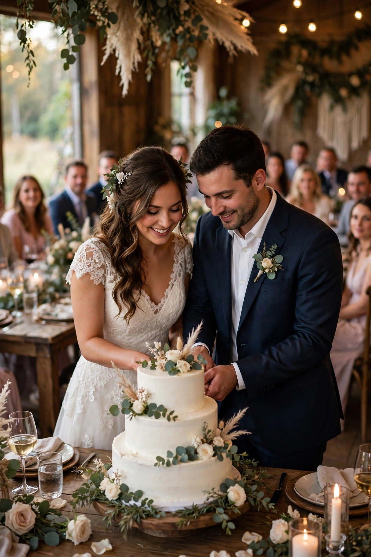 A couple cutting their wedding cake shortly after dinner while all guests are still seated