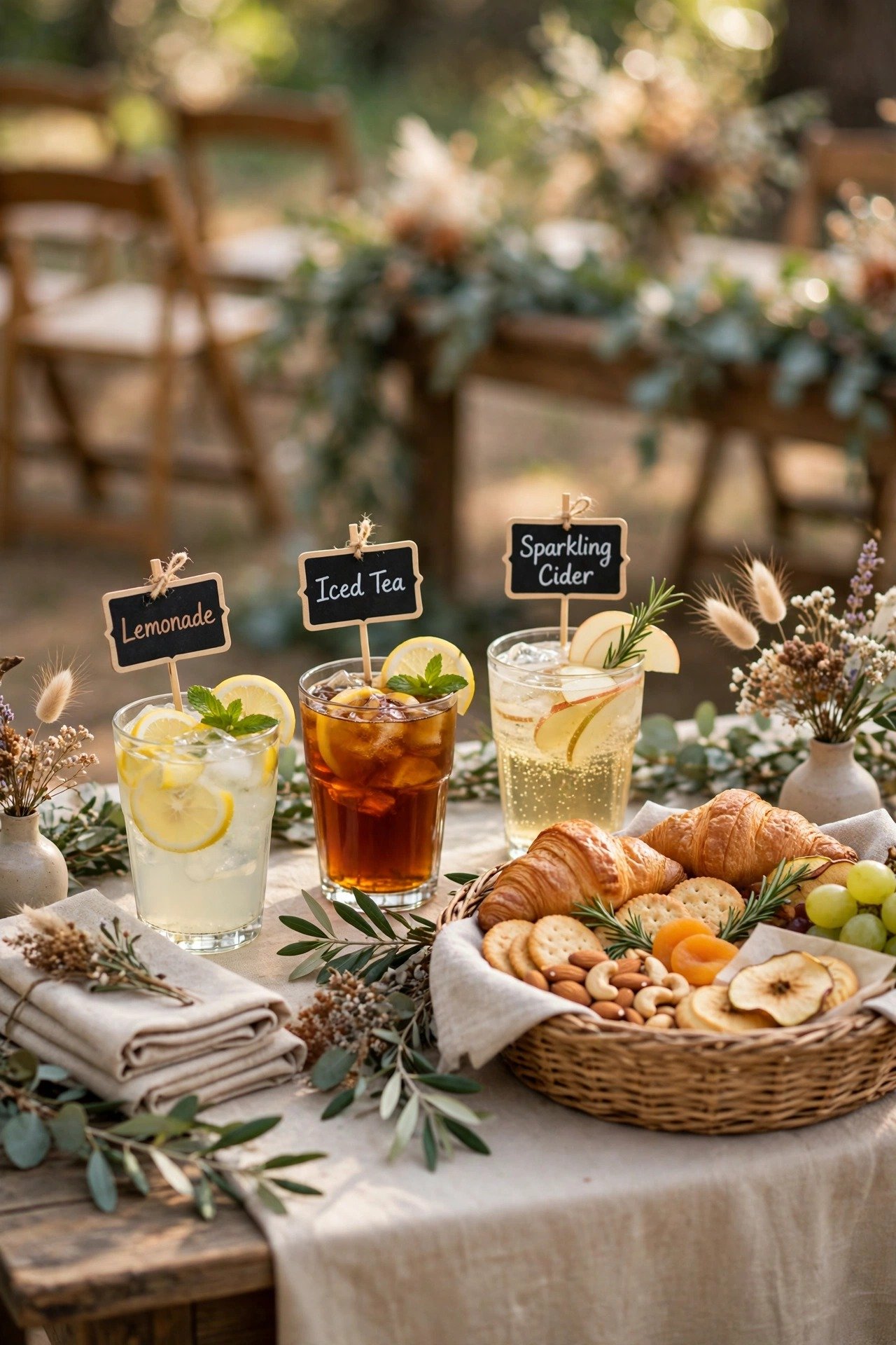 A drinks station with lemonade, iced tea and sparkling cider plus a basket of snacks for waiting guests