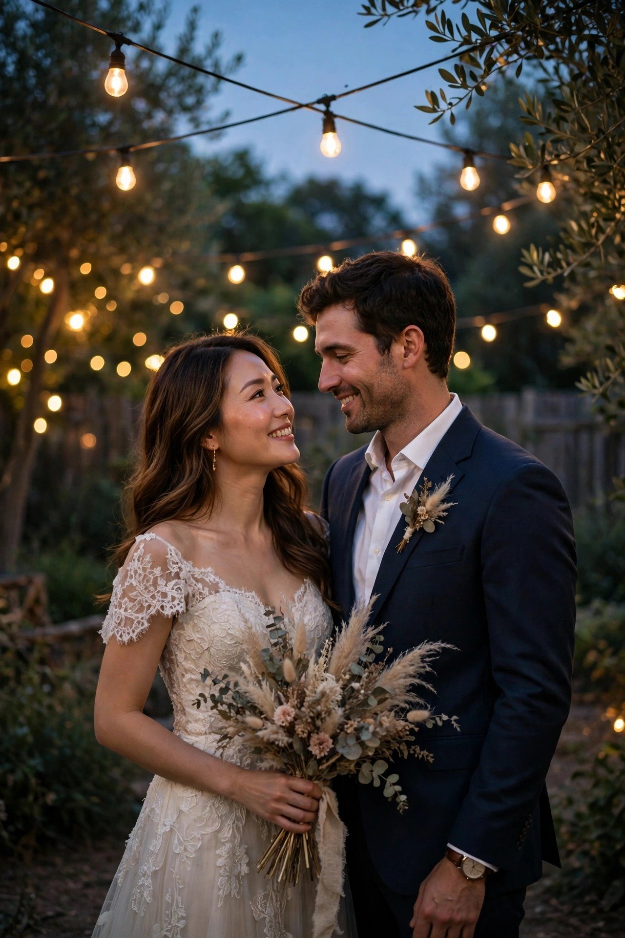 A couple photographed at dusk under festoon lights for dramatic evening portraits