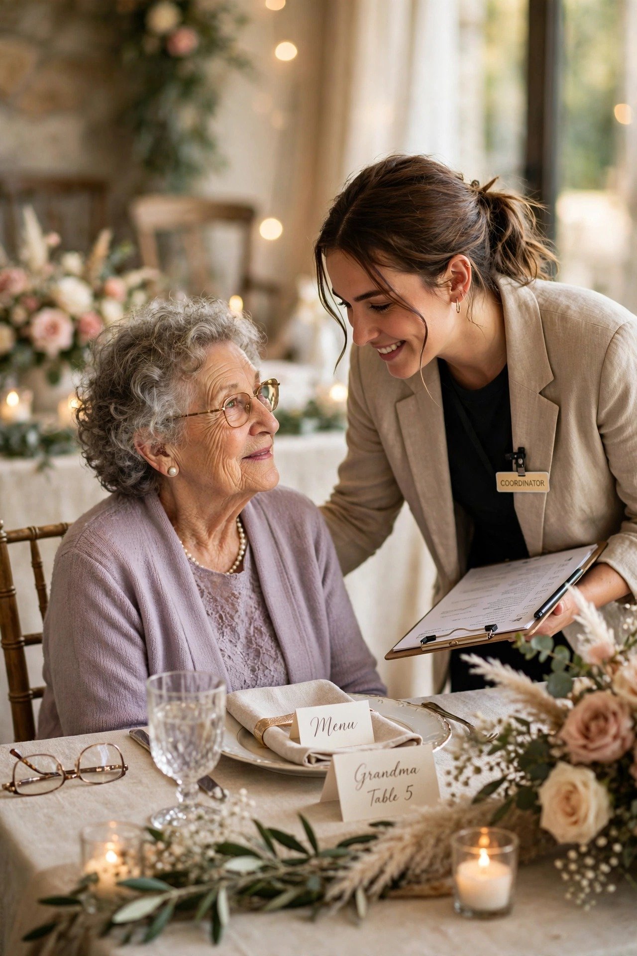 A coordinator quietly updating a grandparent at her table with a kind smile