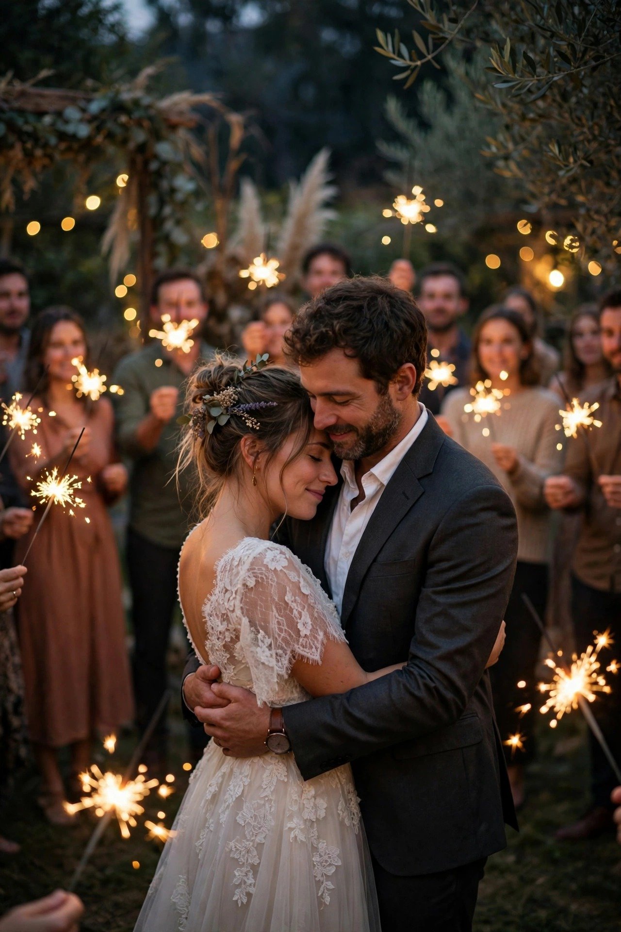 A couple sharing a last dance in a circle of guests holding sparklers