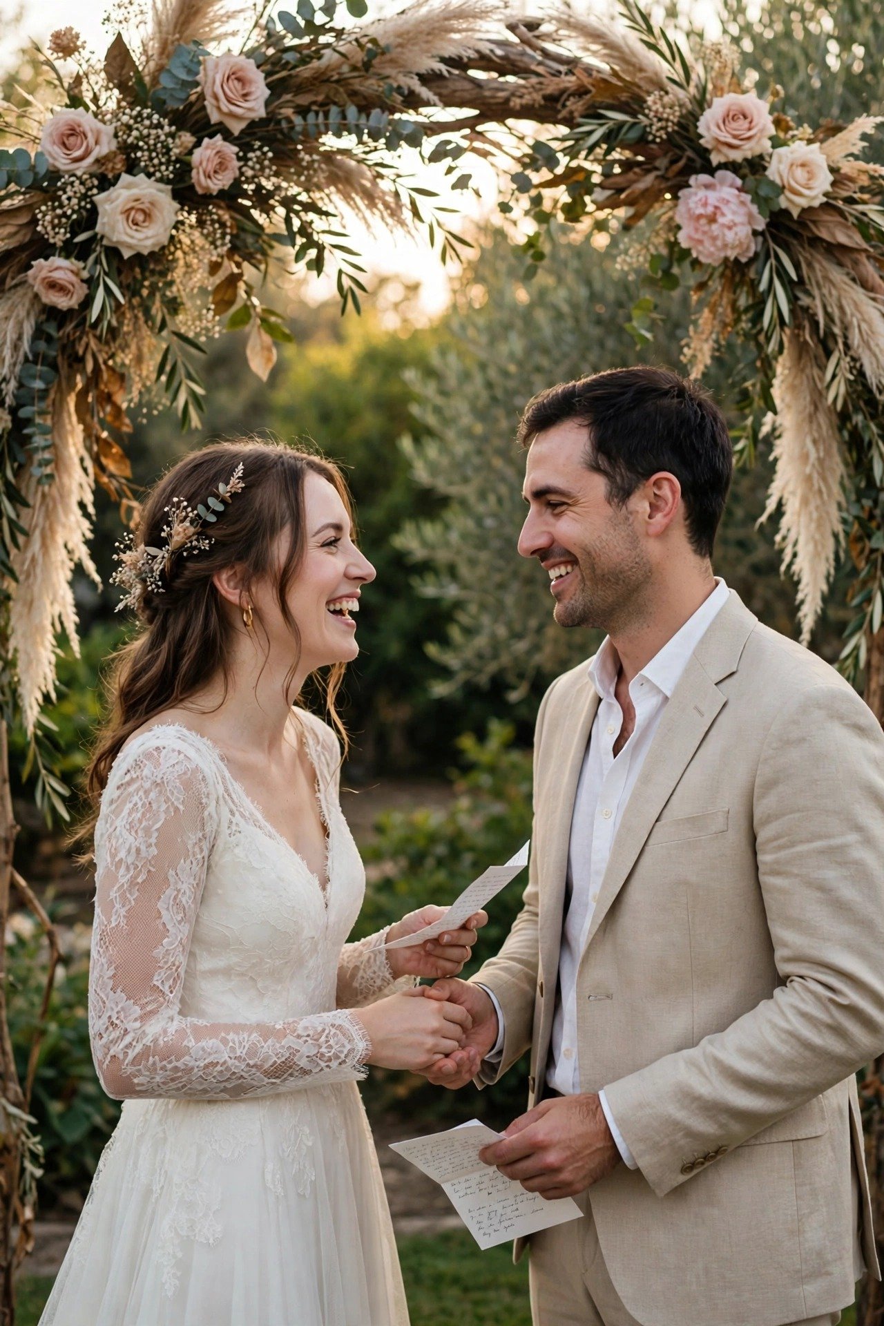 A couple exchanging vows slowly and joyfully, completely unhurried