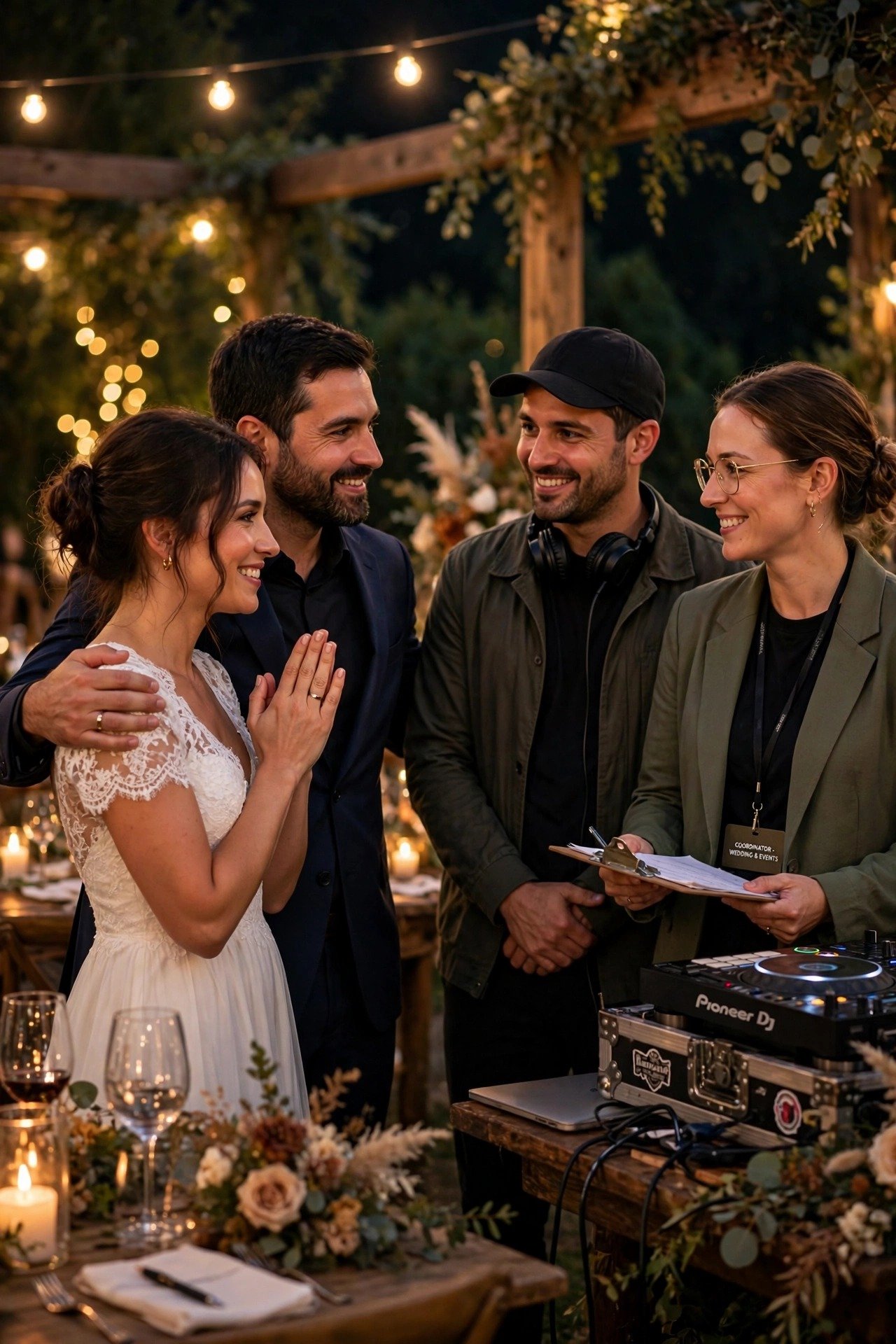 A couple warmly thanking their DJ and coordinator at the end of the night