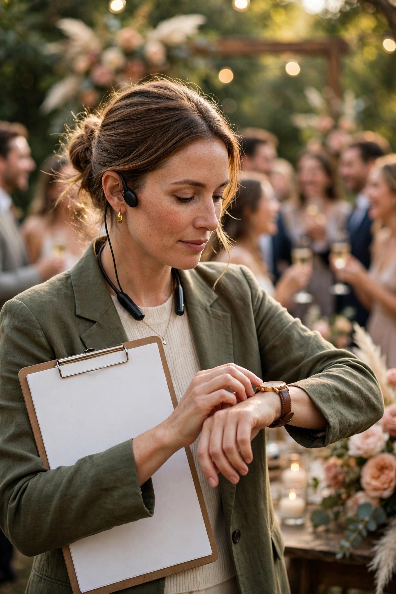 A wedding coordinator calmly checking a timeline and watch while a celebration continues behind her