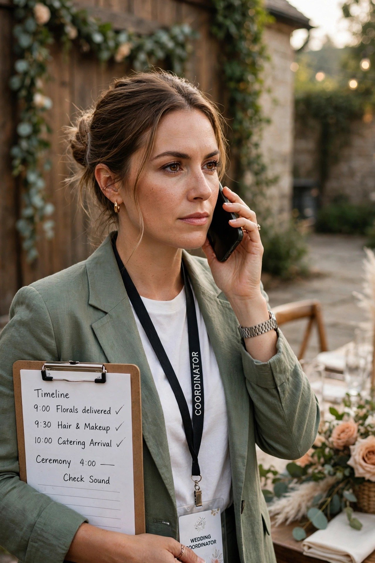A coordinator with a phone making a calm, decisive call on a wedding morning