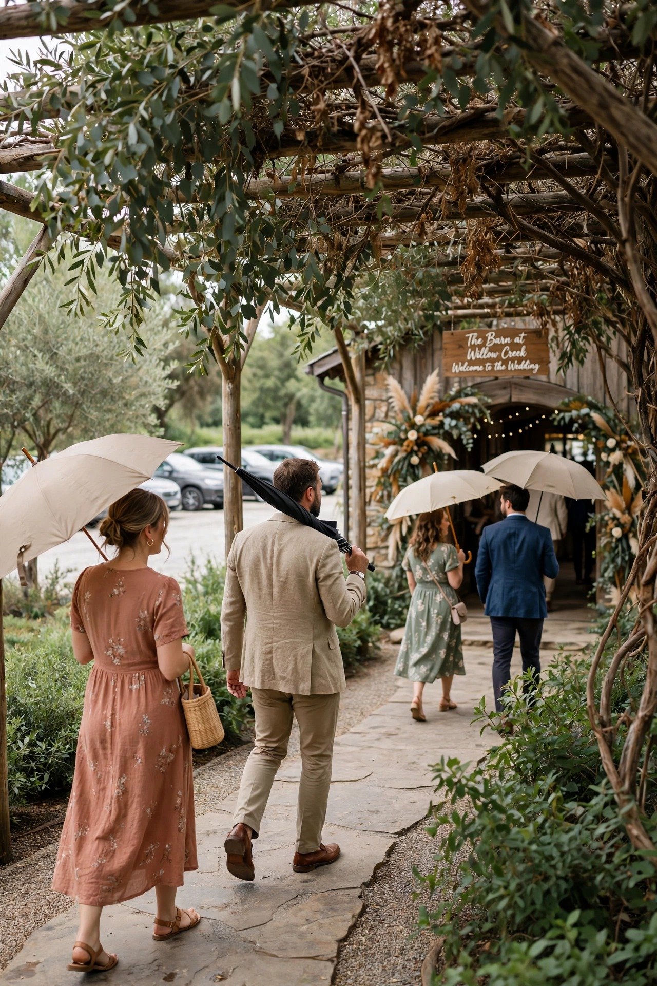 Guests walking a covered path from parking to a venue entrance, dry and unhurried