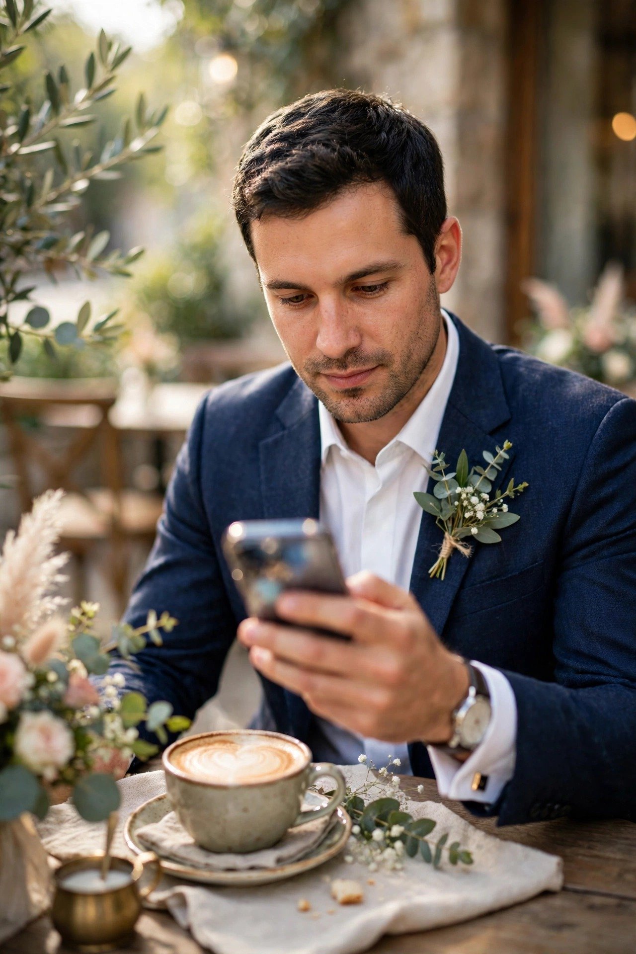 A best man checking a rain radar app over morning coffee