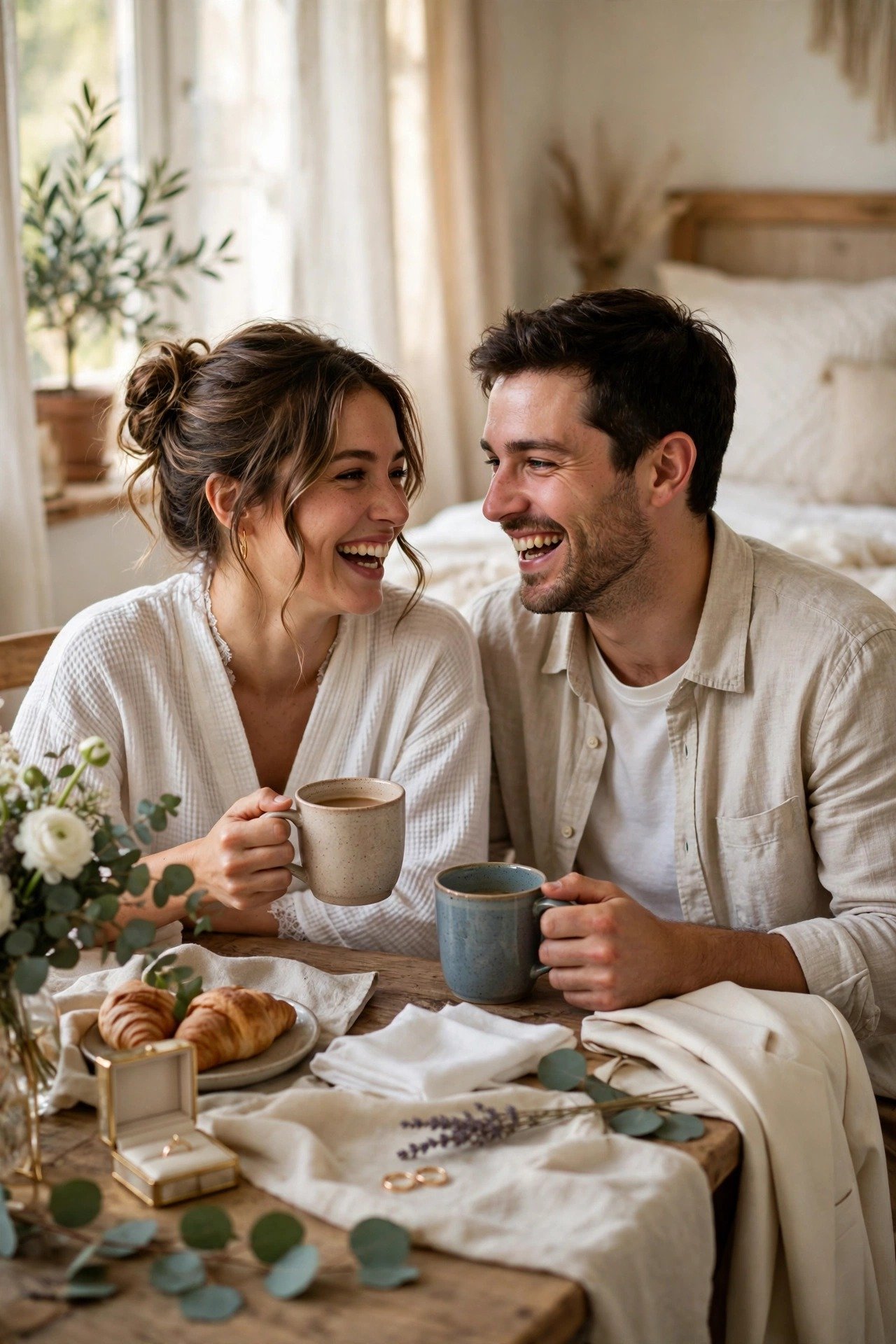 A couple laughing over coffee on their wedding morning, in no rush to decide anything