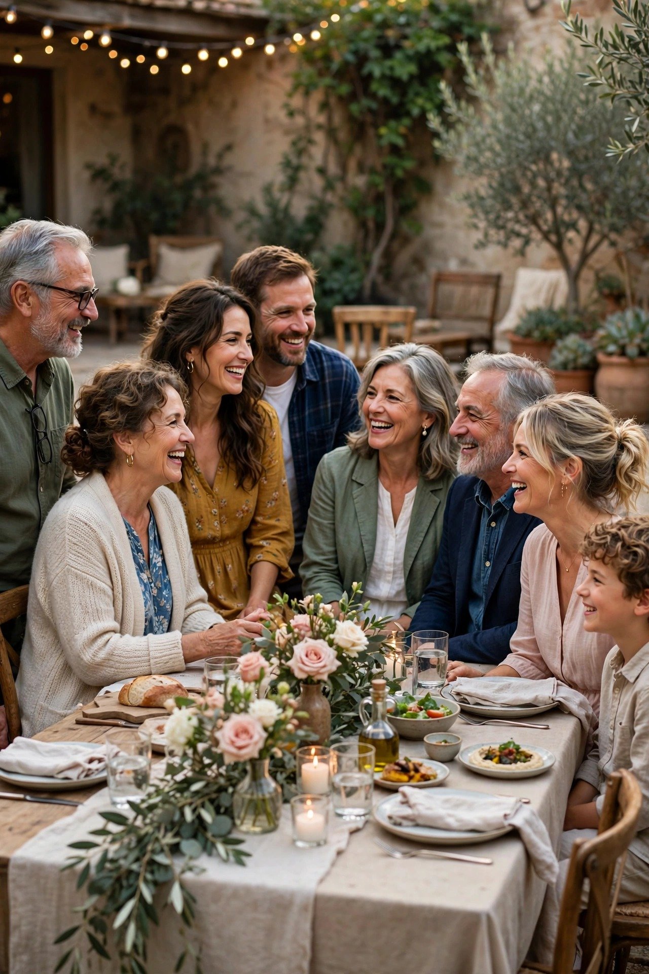 Two families chatting happily at a rehearsal dinner, relaxed about the weekend ahead