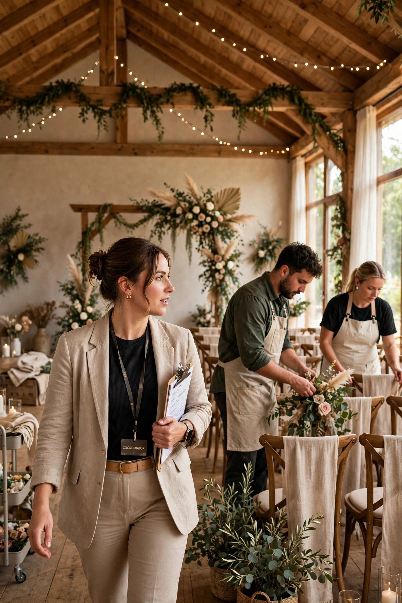 A coordinator walking through an indoor ceremony layout with a venue team two days before a wedding