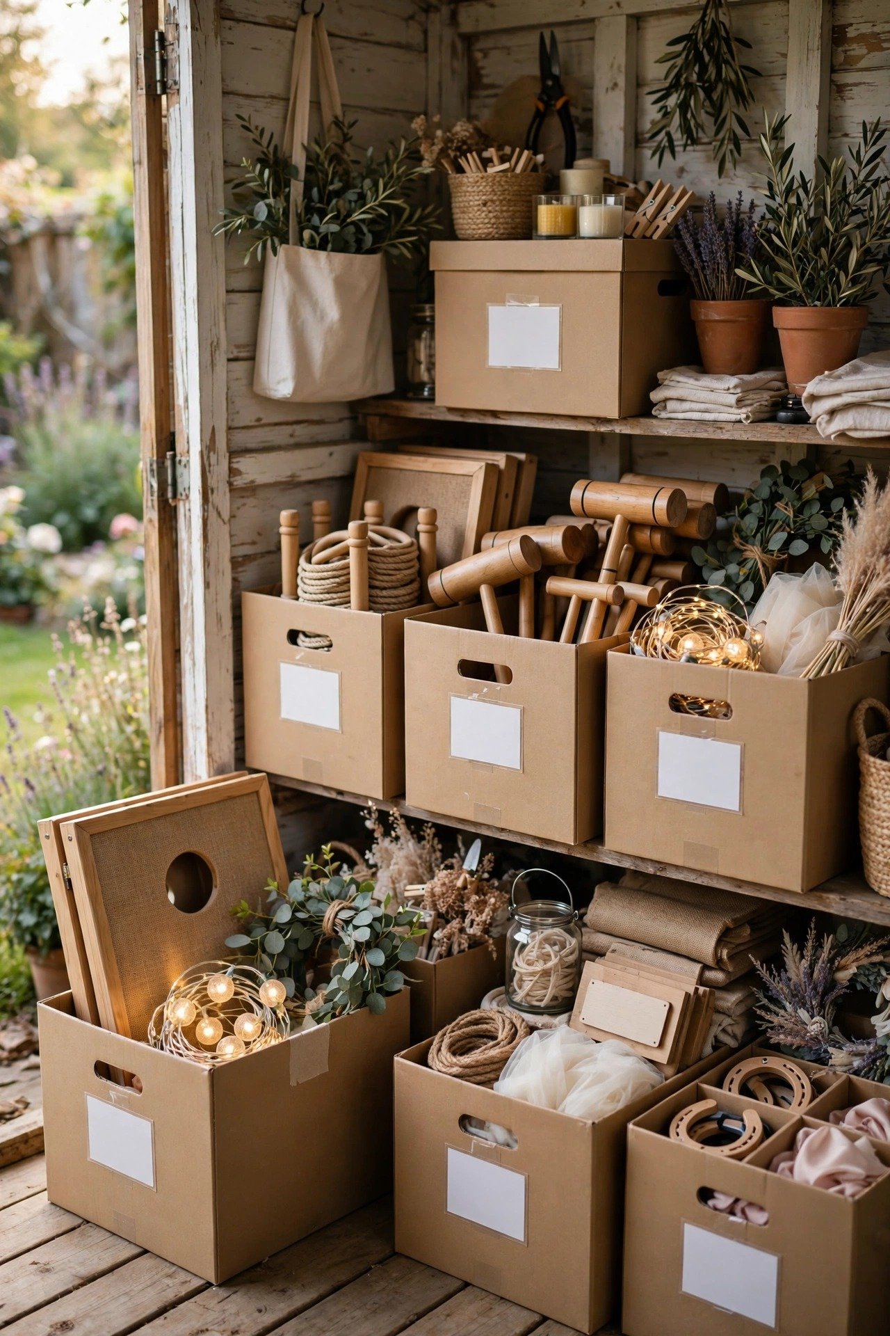 Lawn games and garden decorations packed neatly away in labelled storage boxes