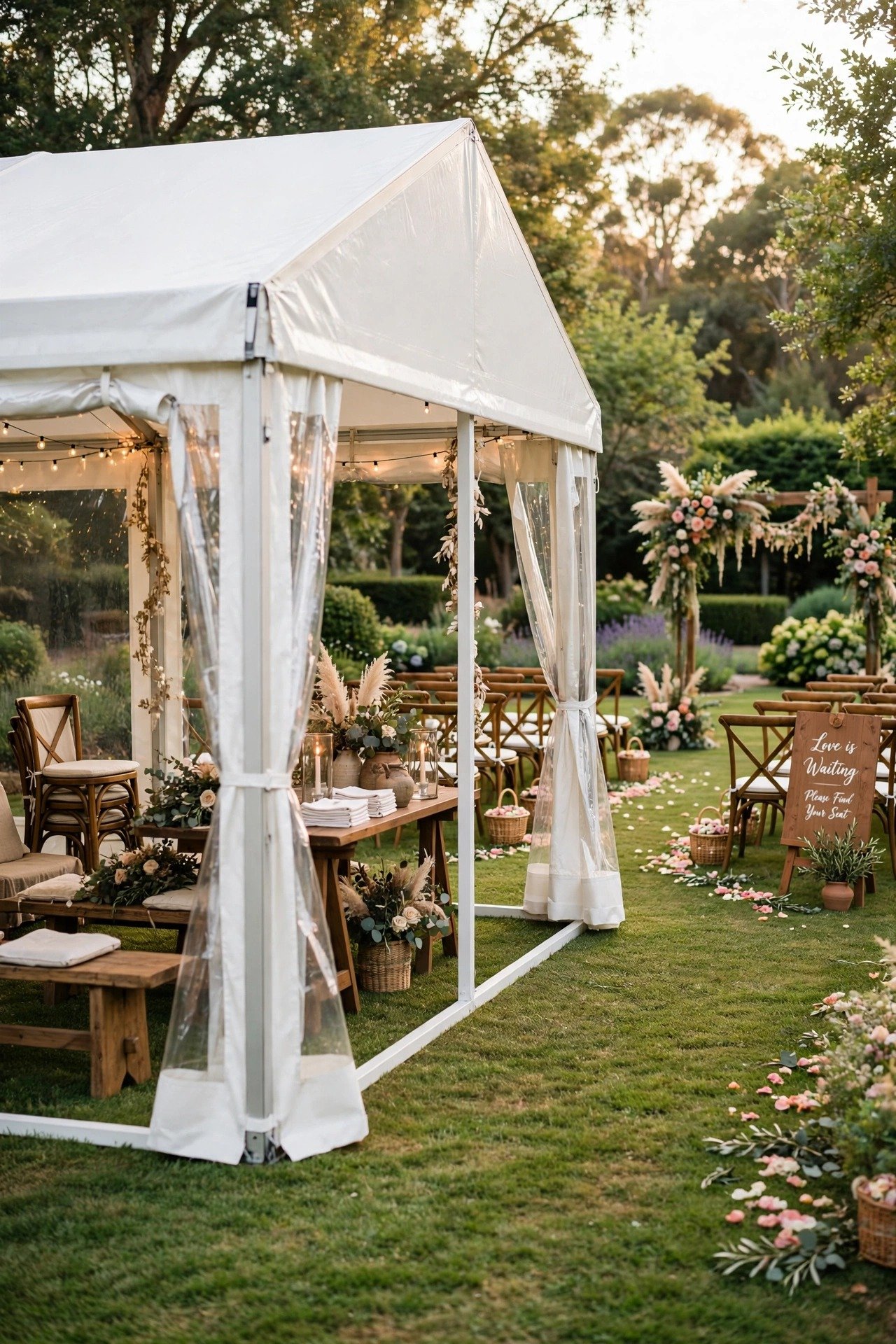 A white frame tent standing ready over a manicured lawn beside an outdoor ceremony space