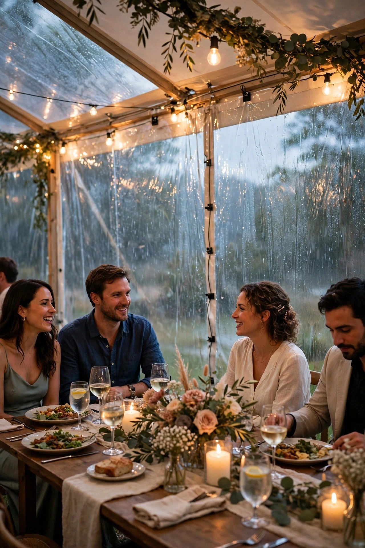 Clear tent sidewalls keeping wind-driven rain out while guests dine in warm light
