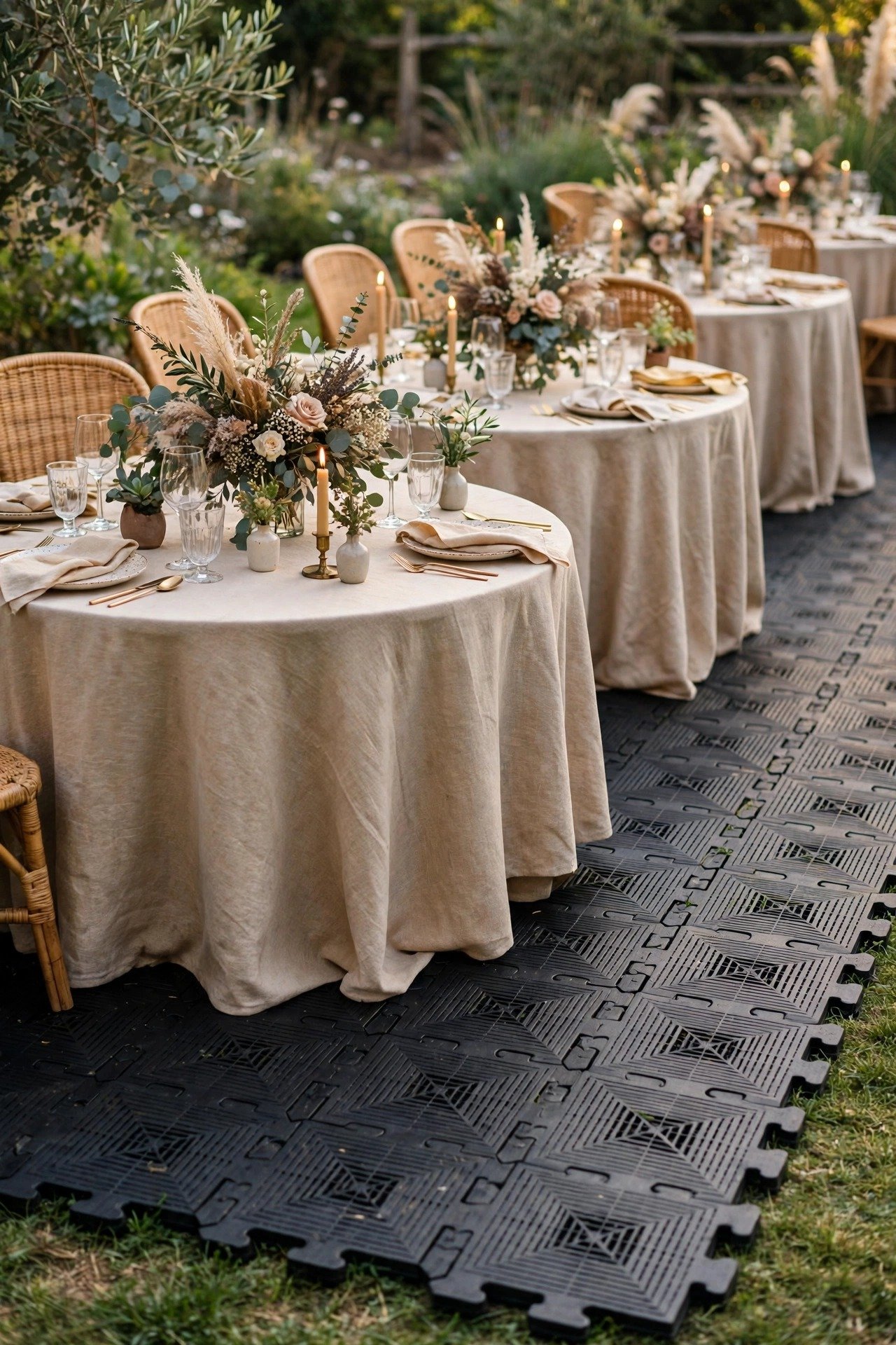 Interlocking event flooring laid over grass under reception tables, clean and level