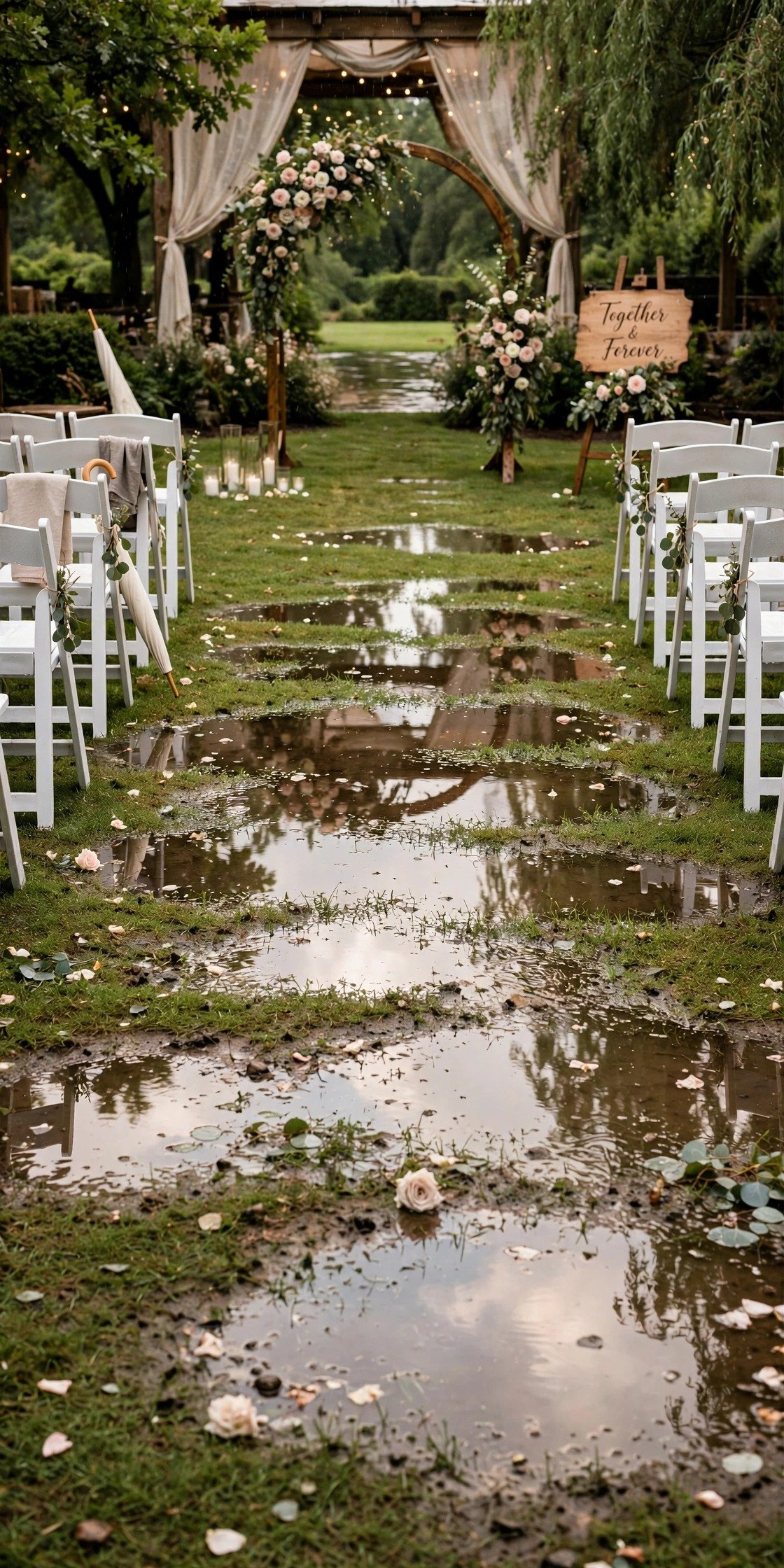 Puddles showing where water pools on a venue lawn after heavy rain