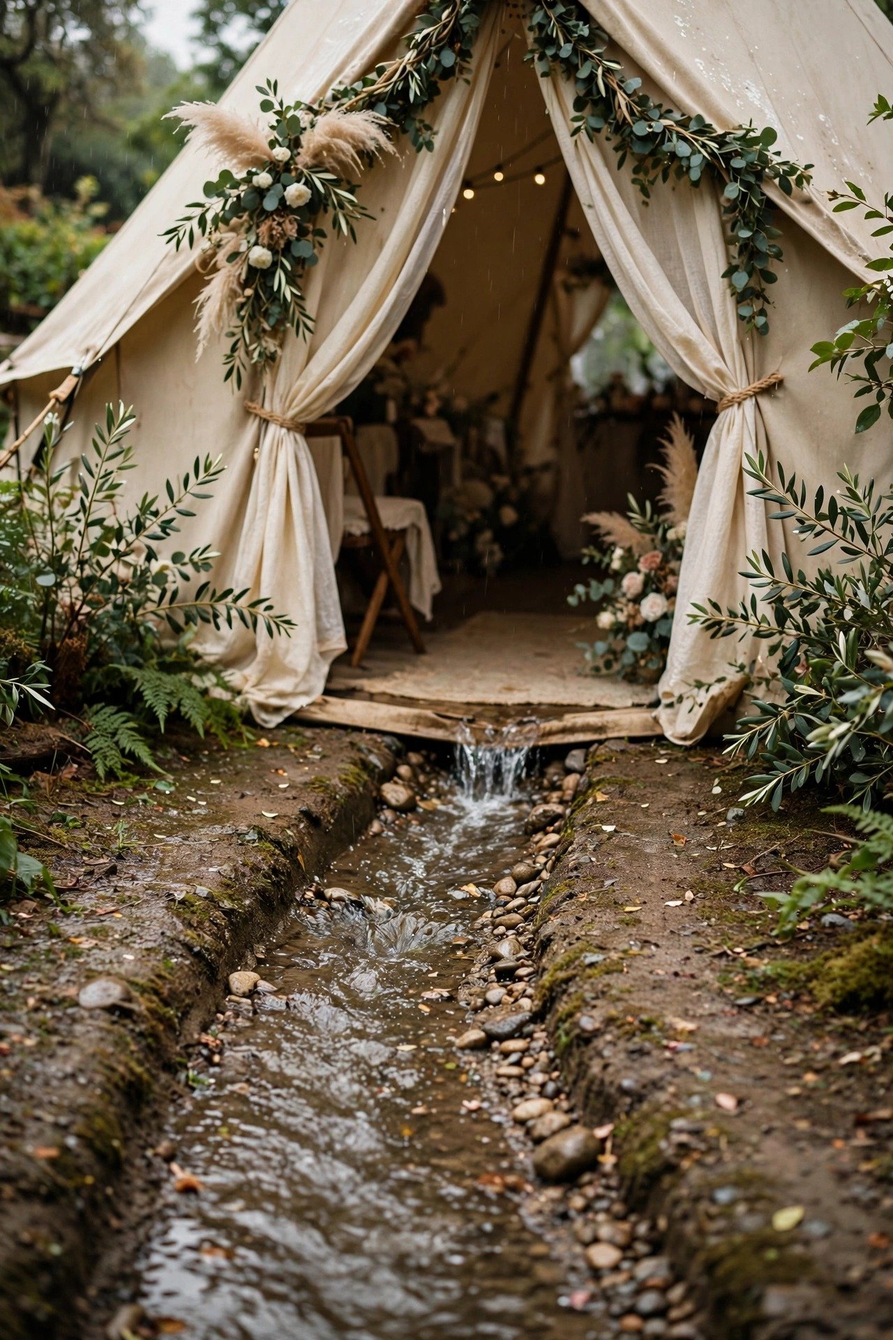 A shallow drainage channel directing rainwater away from a tent entrance