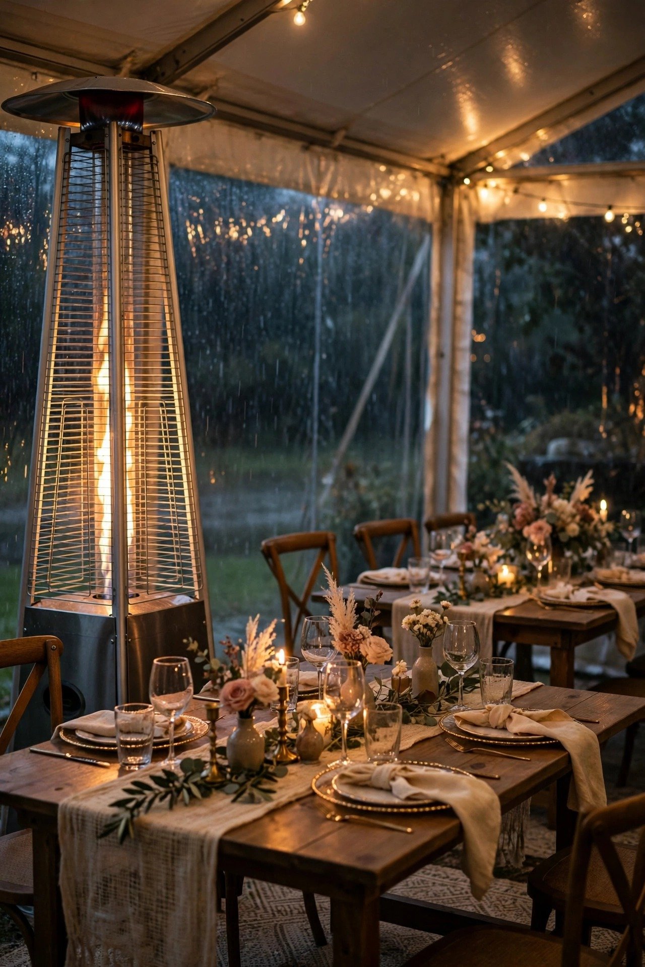 A patio heater glowing beside dining tables inside a tent on a cool rainy evening