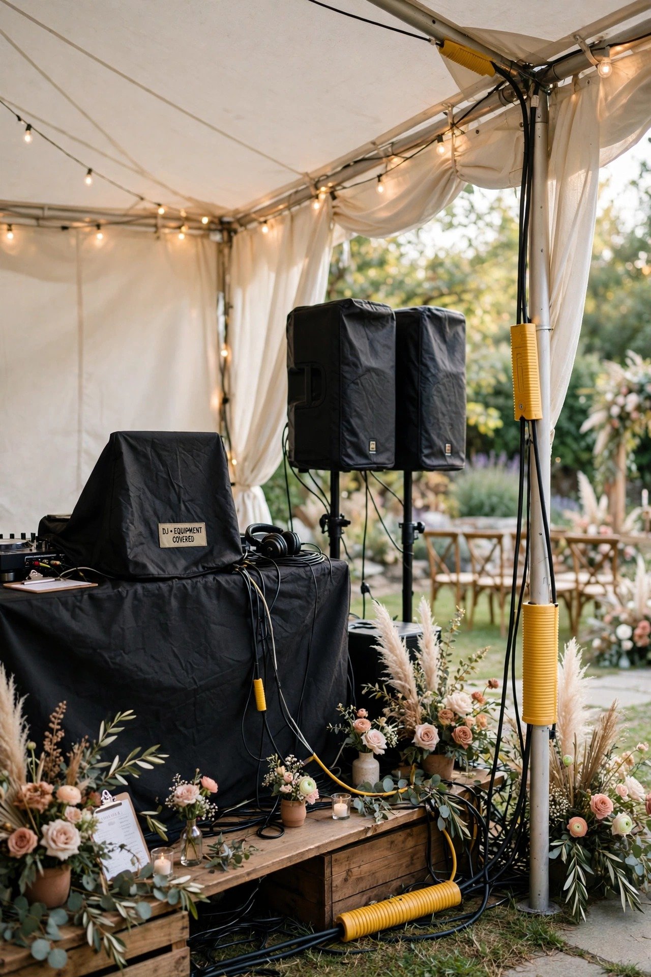 A DJ setup under a tent with equipment covered and cables raised safely off the ground