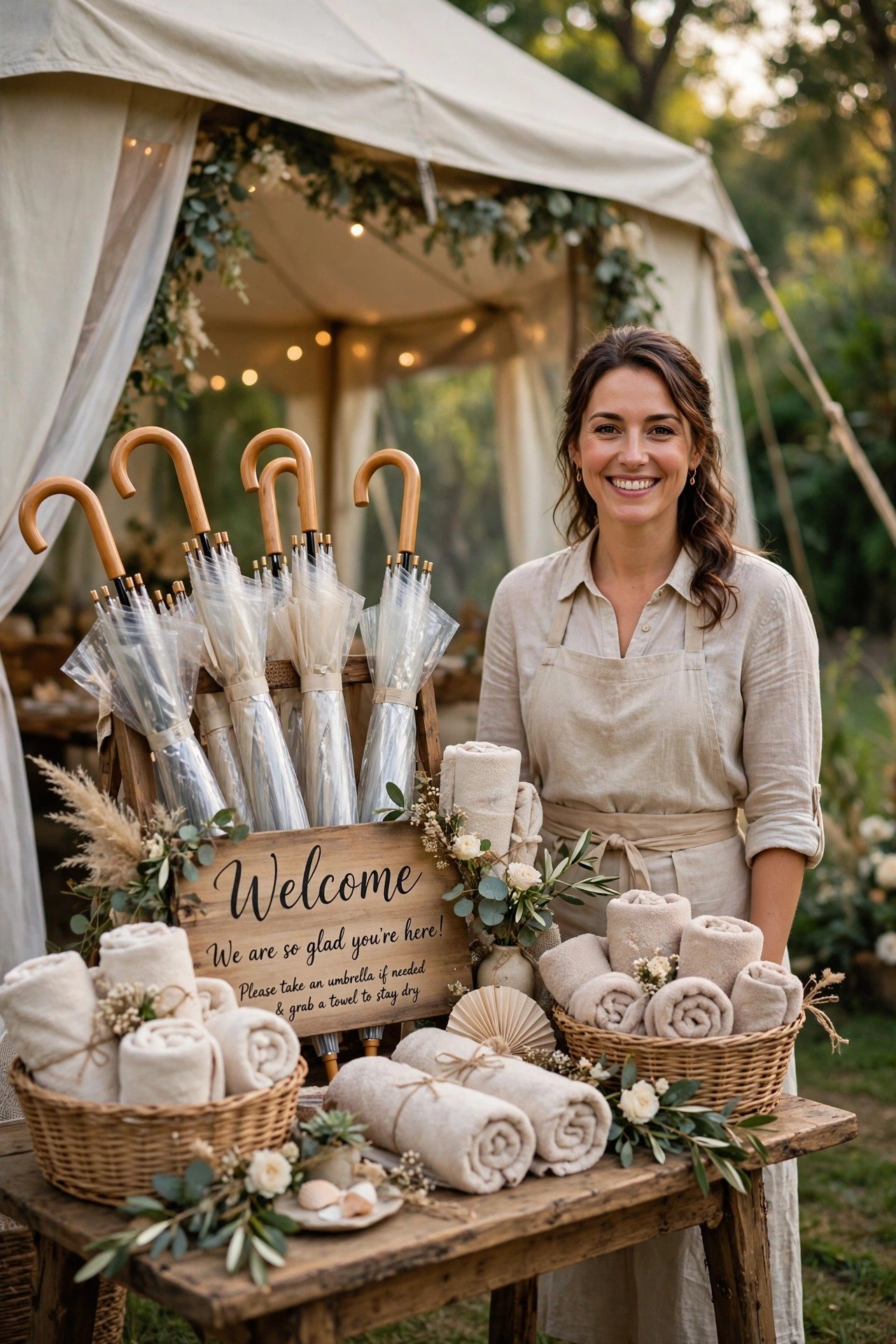 A welcome stand at a tent entrance with umbrellas, towels and a smiling greeter
