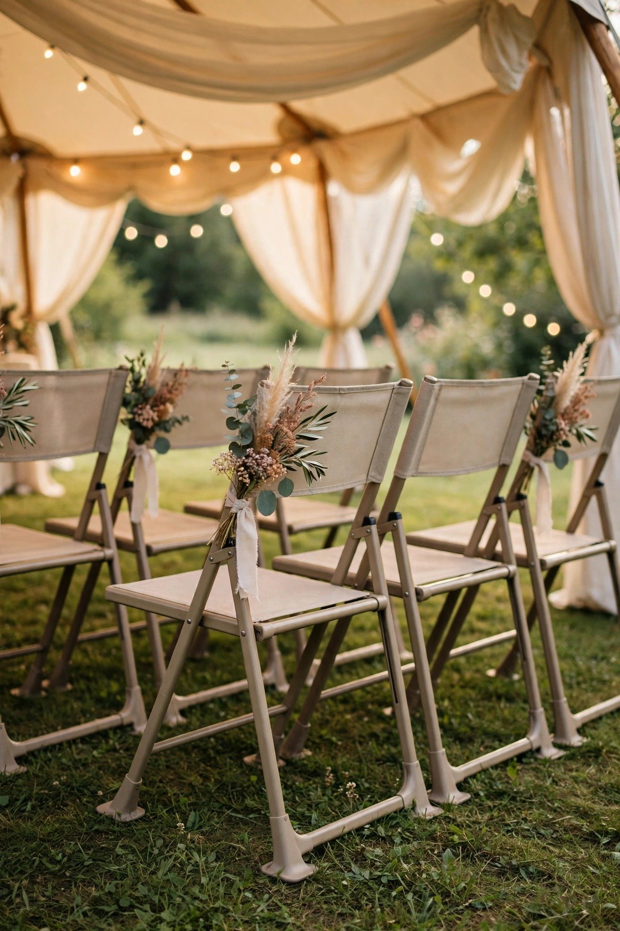 Sturdy folding chairs with wide feet standing firm on grass under a tent