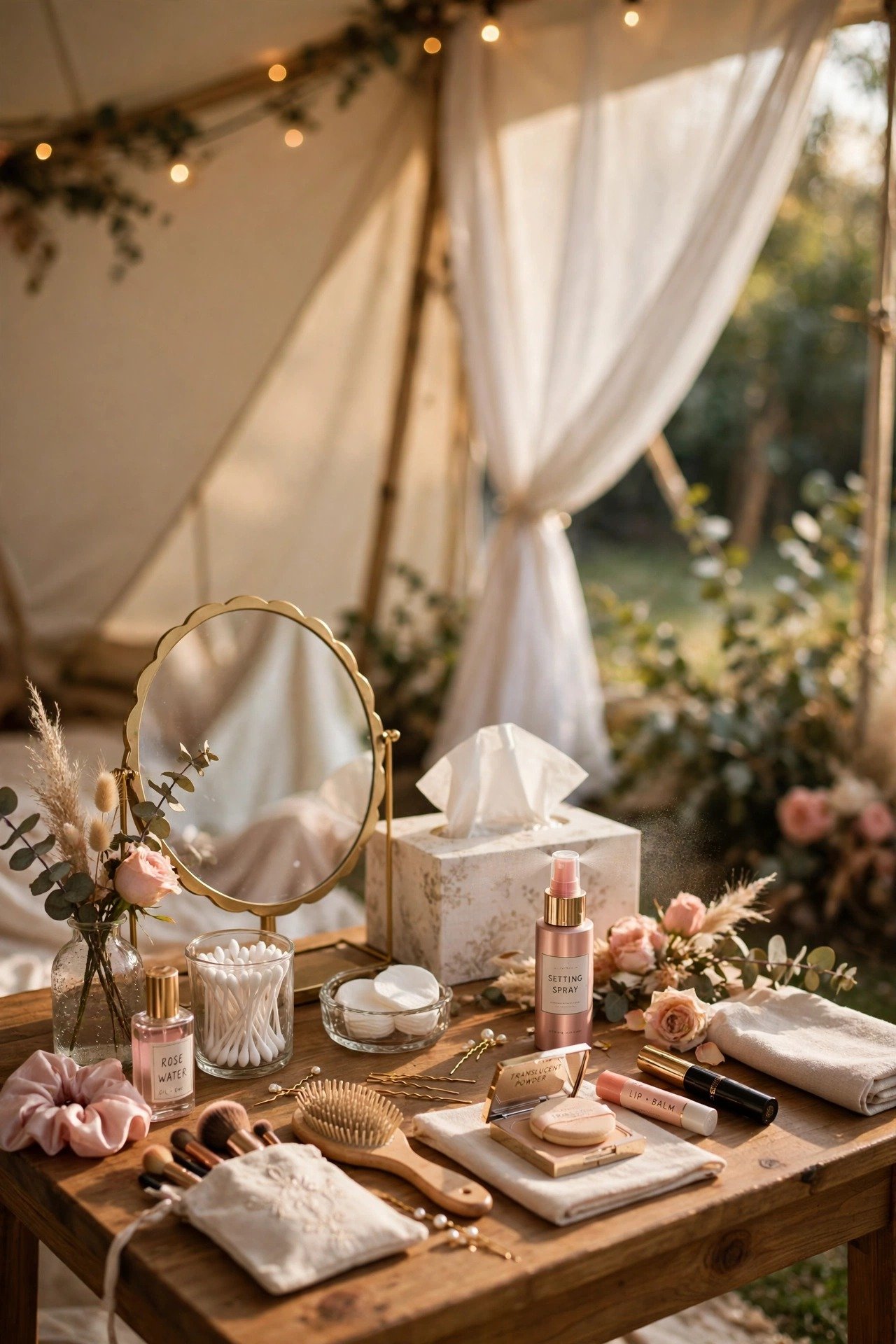 A small touch-up table with mirror, tissues, hairspray and blotting papers under a tent