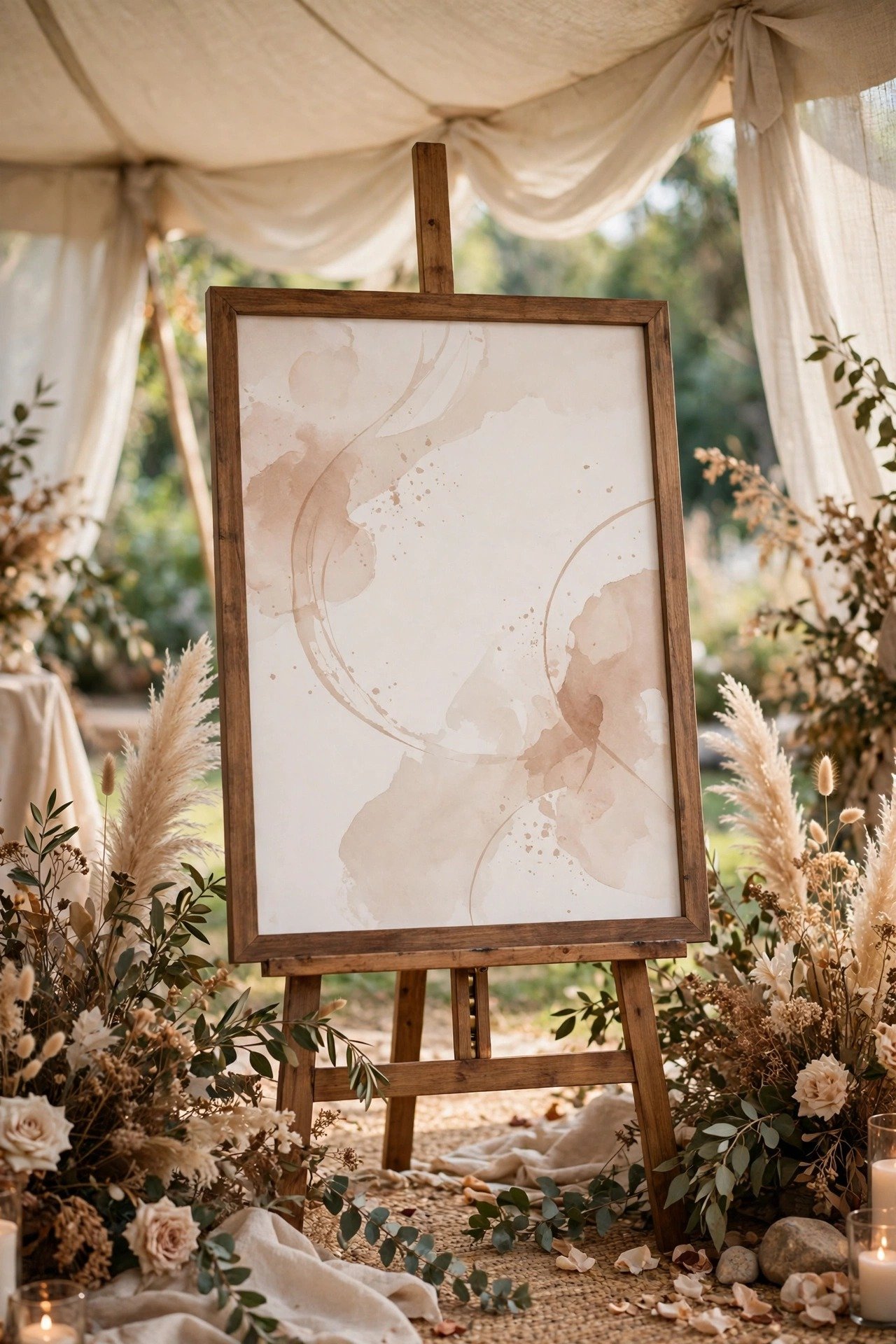 A framed ceremony program sign under a tent instead of paper programs
