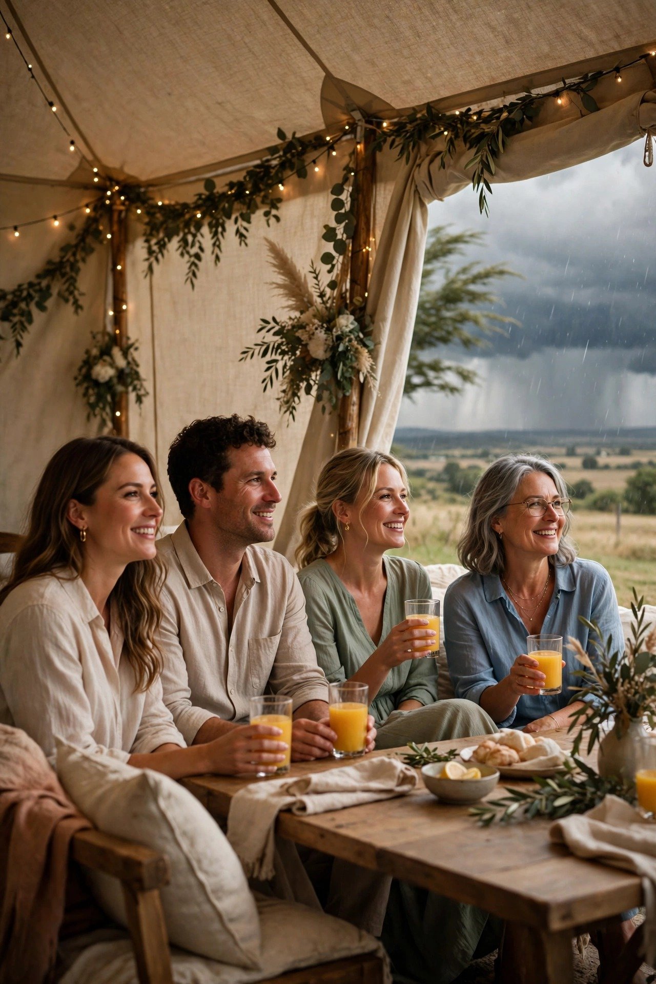 Guests waiting happily inside a tent with drinks while a distant storm passes