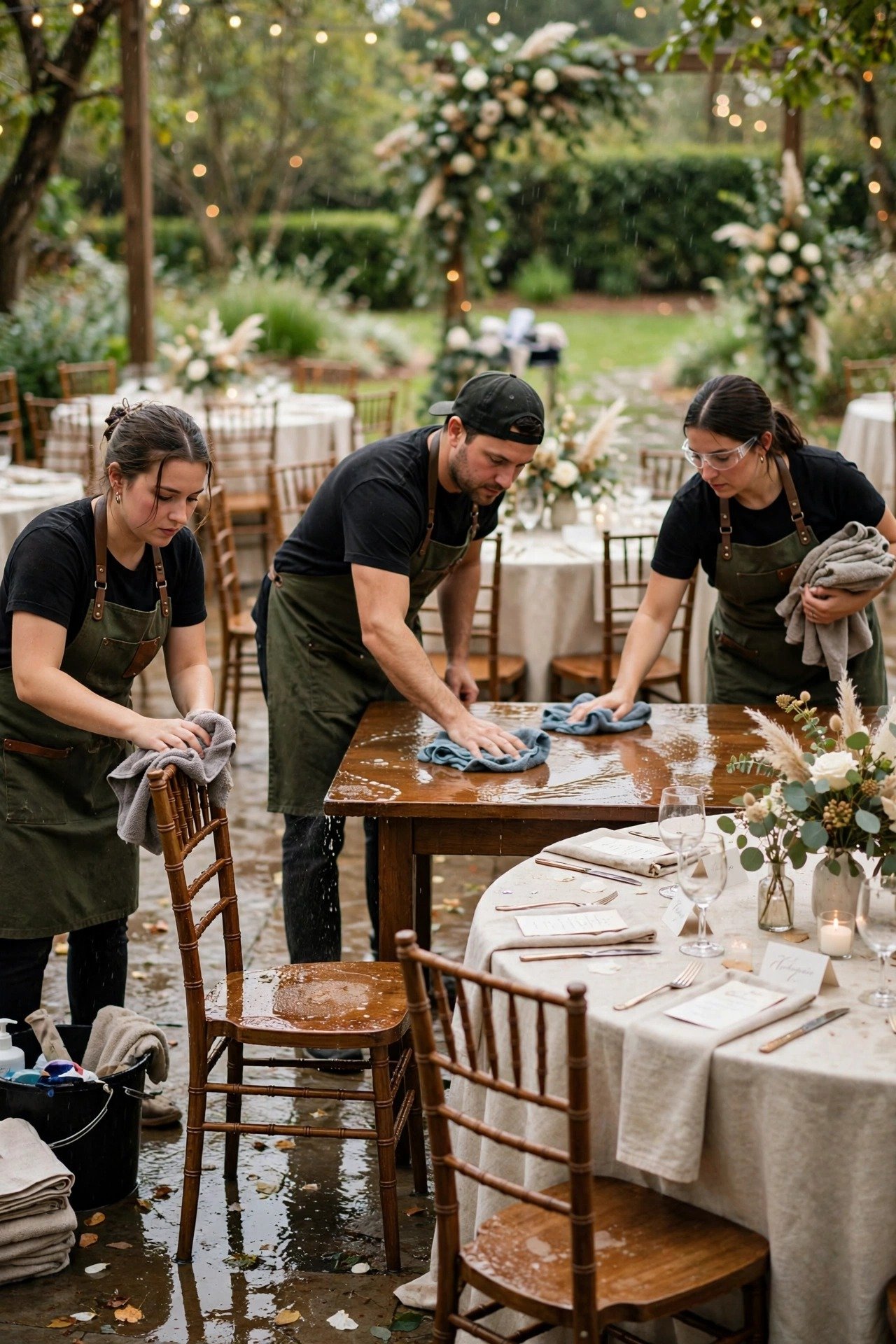 Staff quickly drying chairs and tables after a passing shower at an outdoor wedding