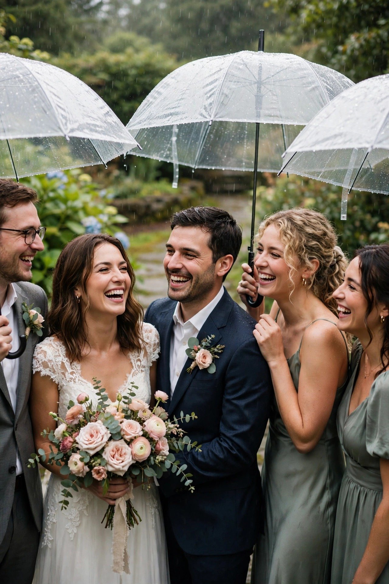 A wedding party laughing under matching clear umbrellas in gentle rain